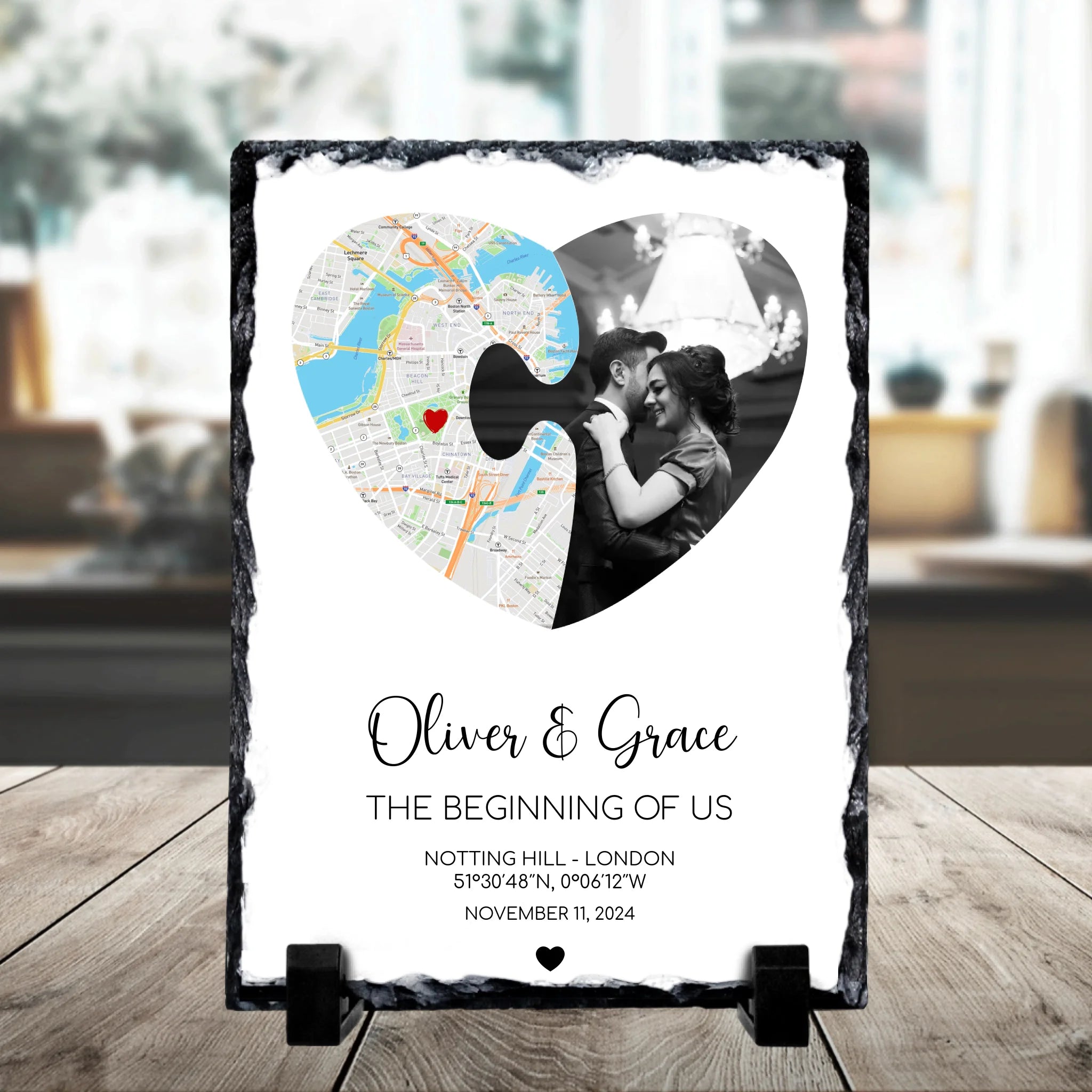 Custom photo slate keepsake showing puzzle heart map design with couple names and location detail