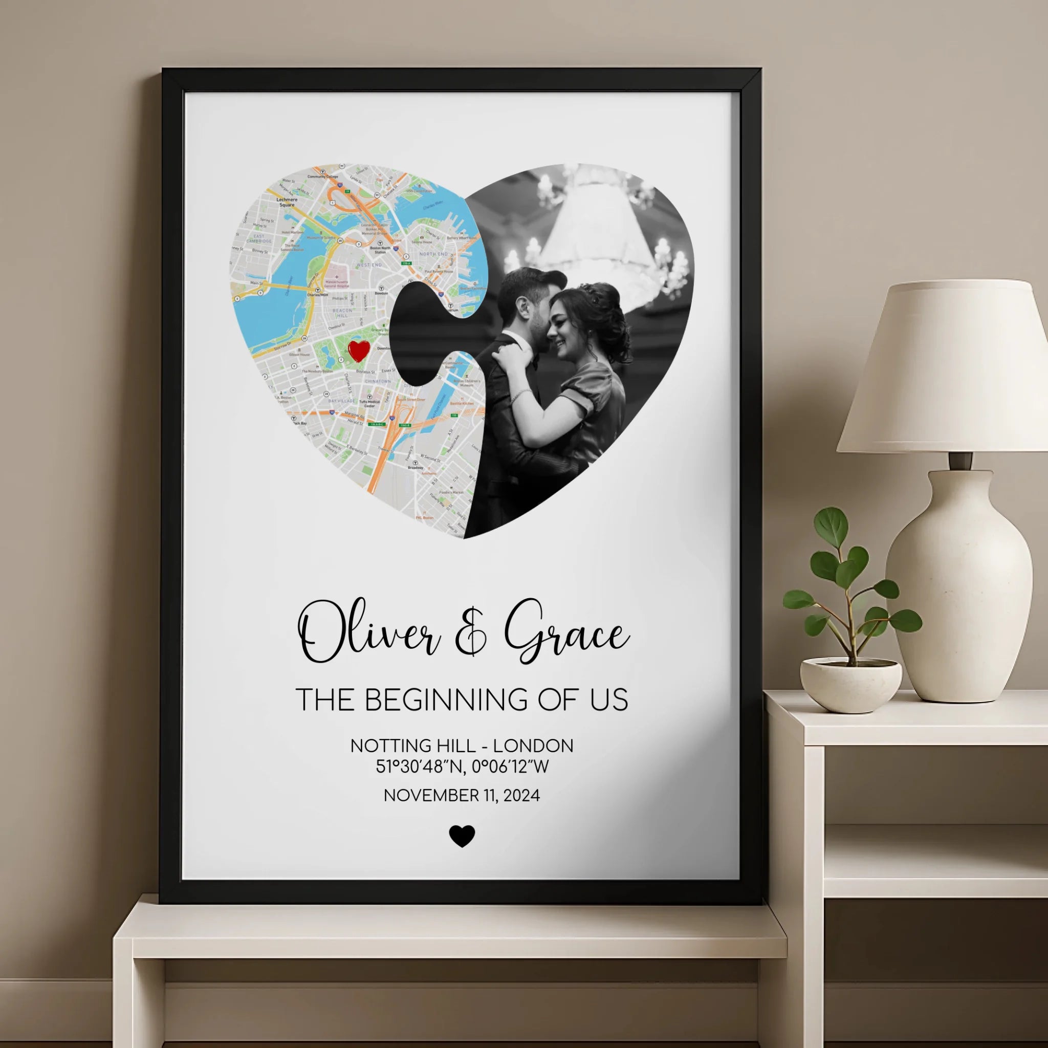 Custom heart map photo print with names and date, shown as a framed wall gift