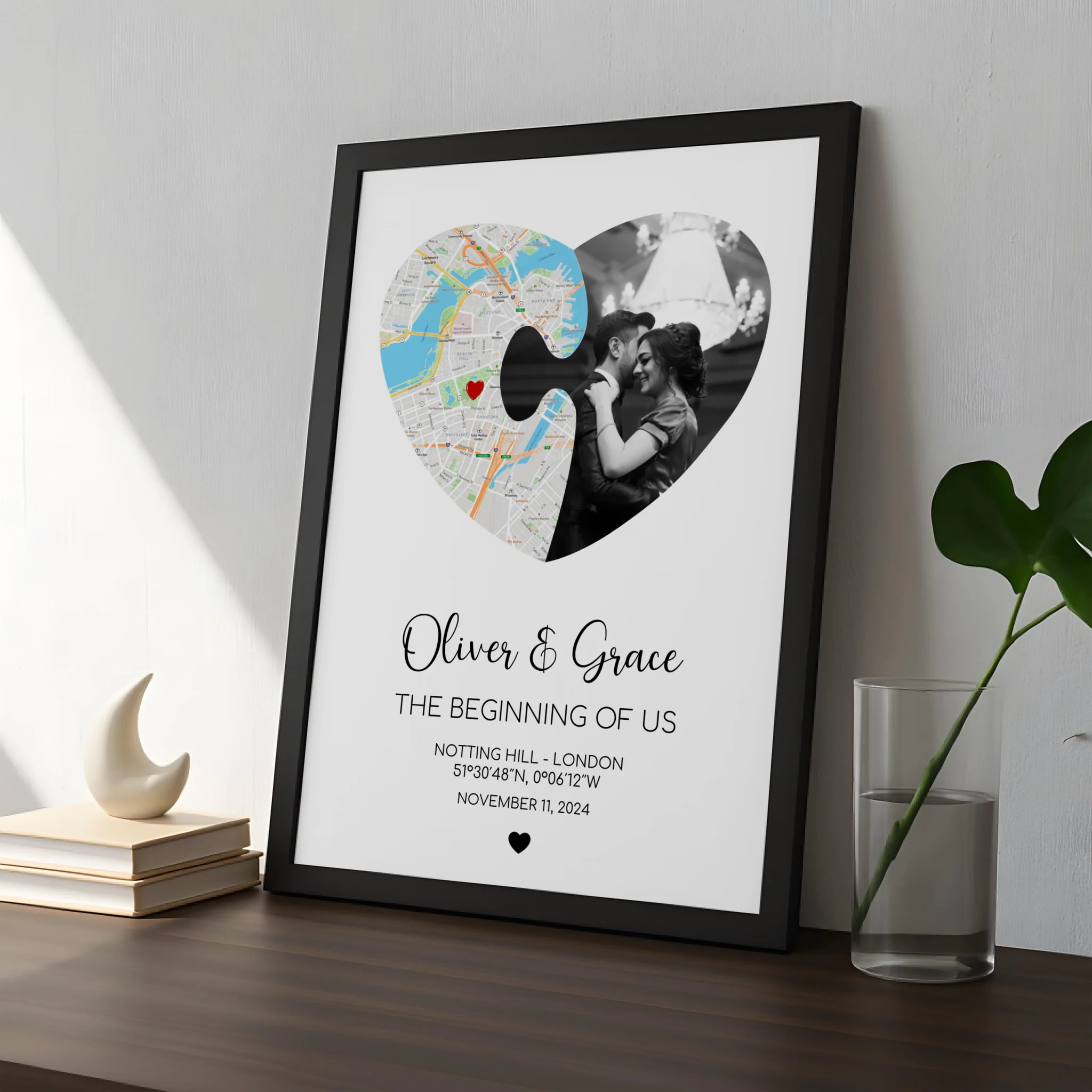 Personalised photo frame with puzzle piece heart and custom map location print