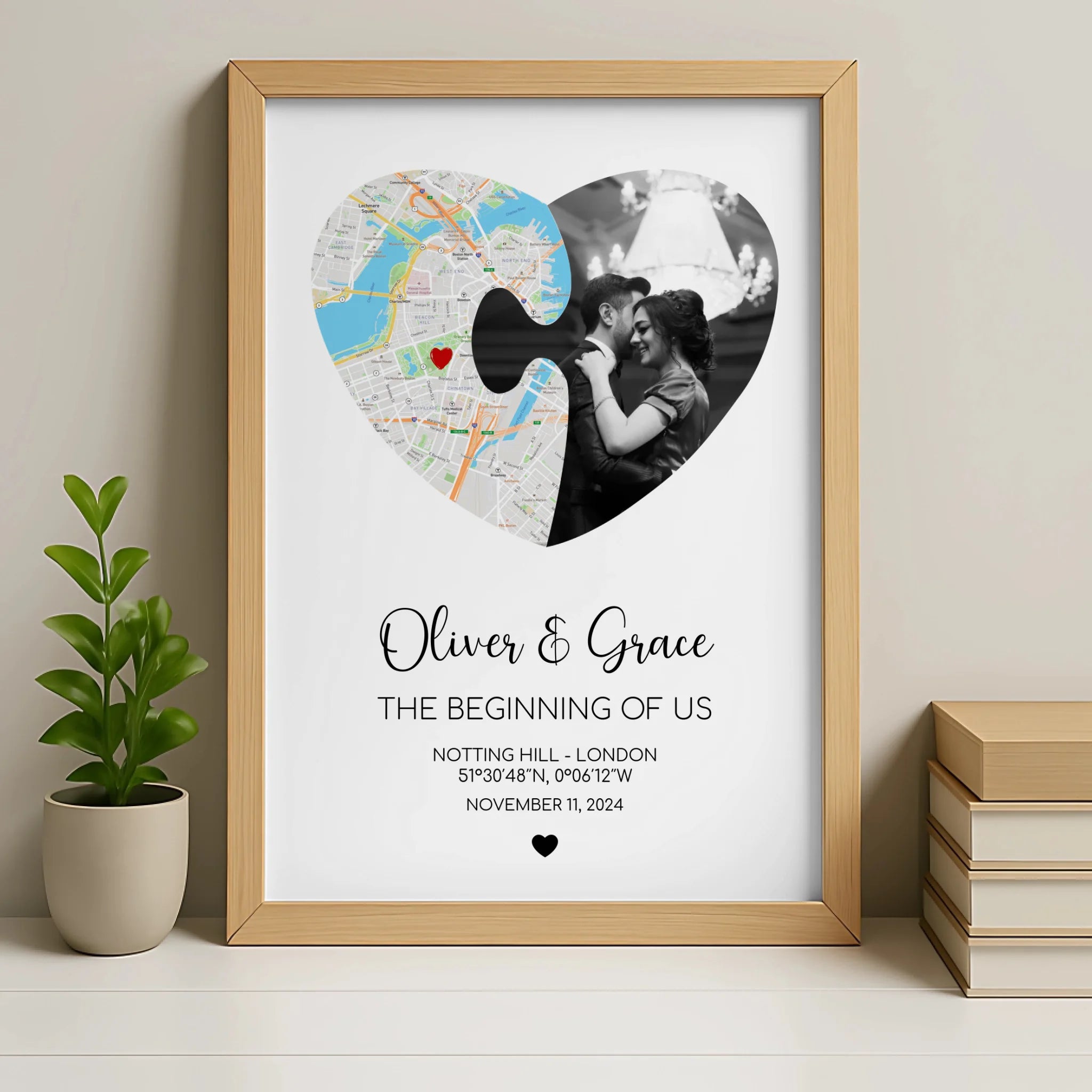Oak framed personalised heart map print with photo, date and location details