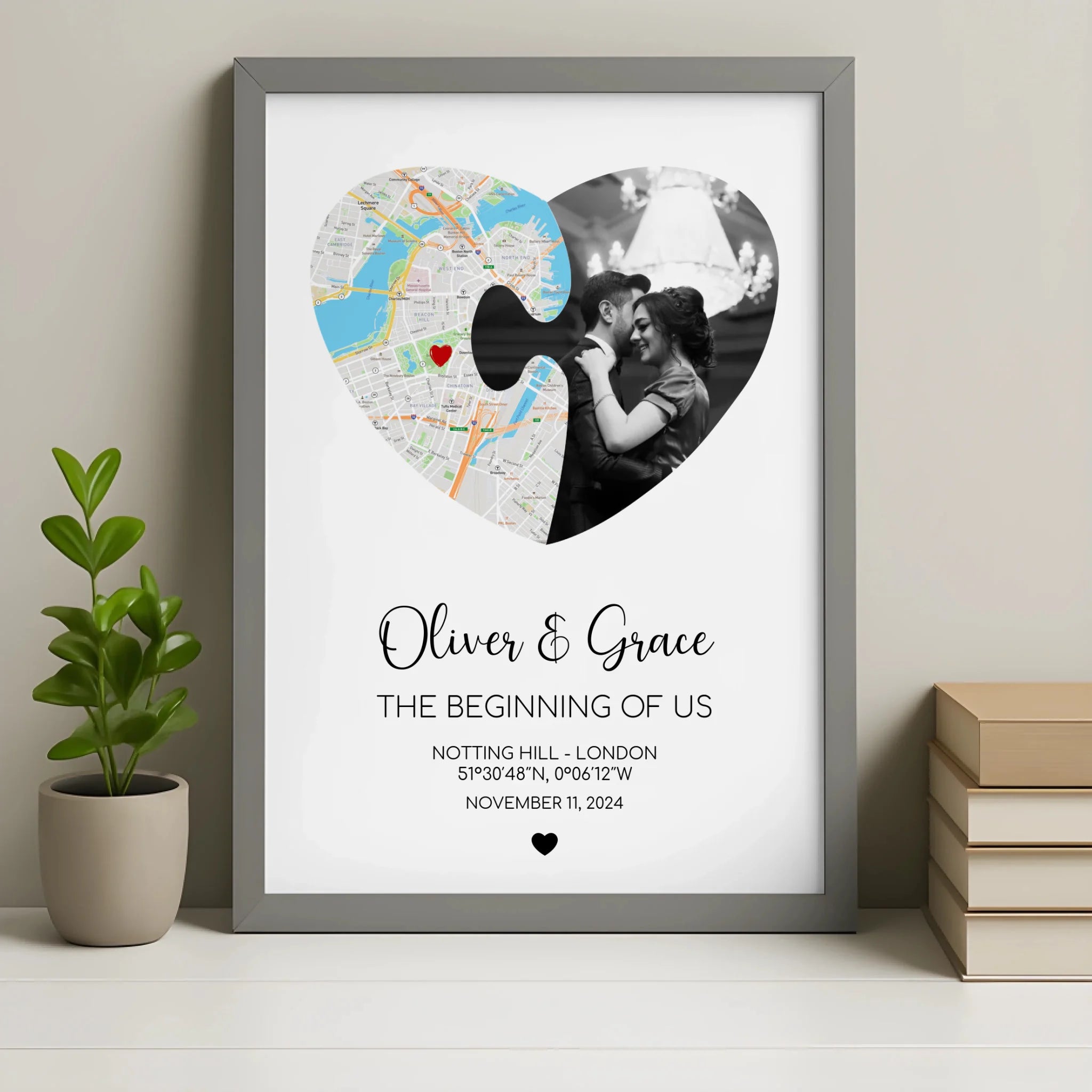 Grey framed custom puzzle piece heart photo print with names, date and location