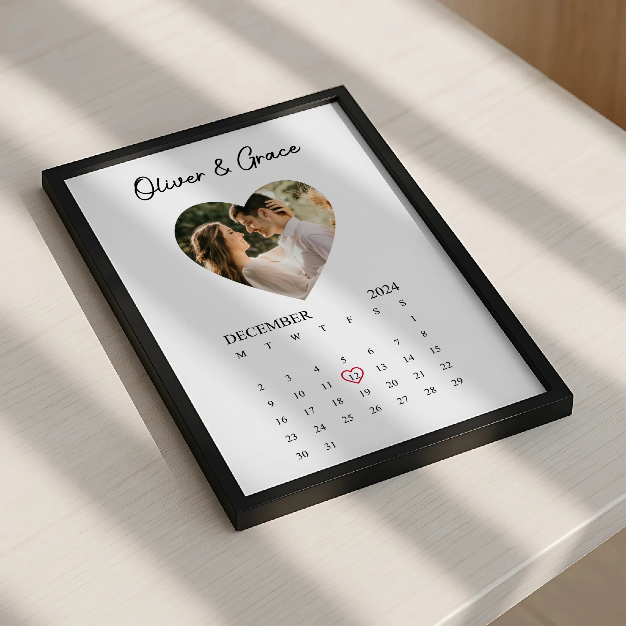 Heart photo print with personalised names and date shown without a frame