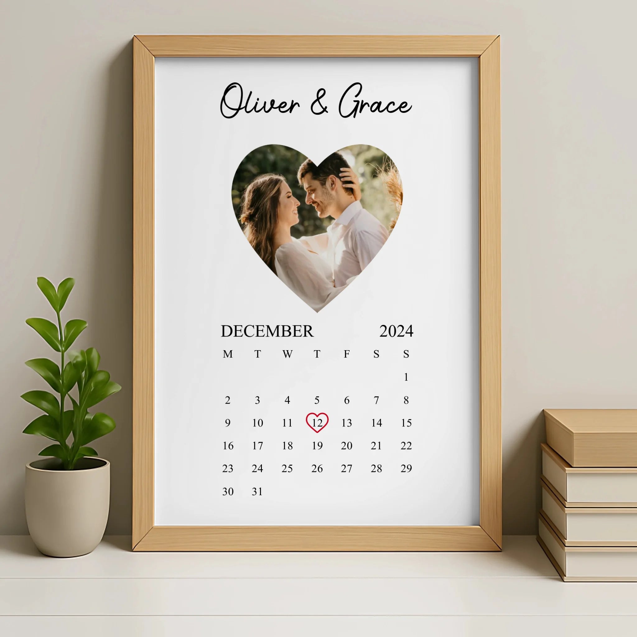 Oak framed personalised photo calendar print with heart design and custom names