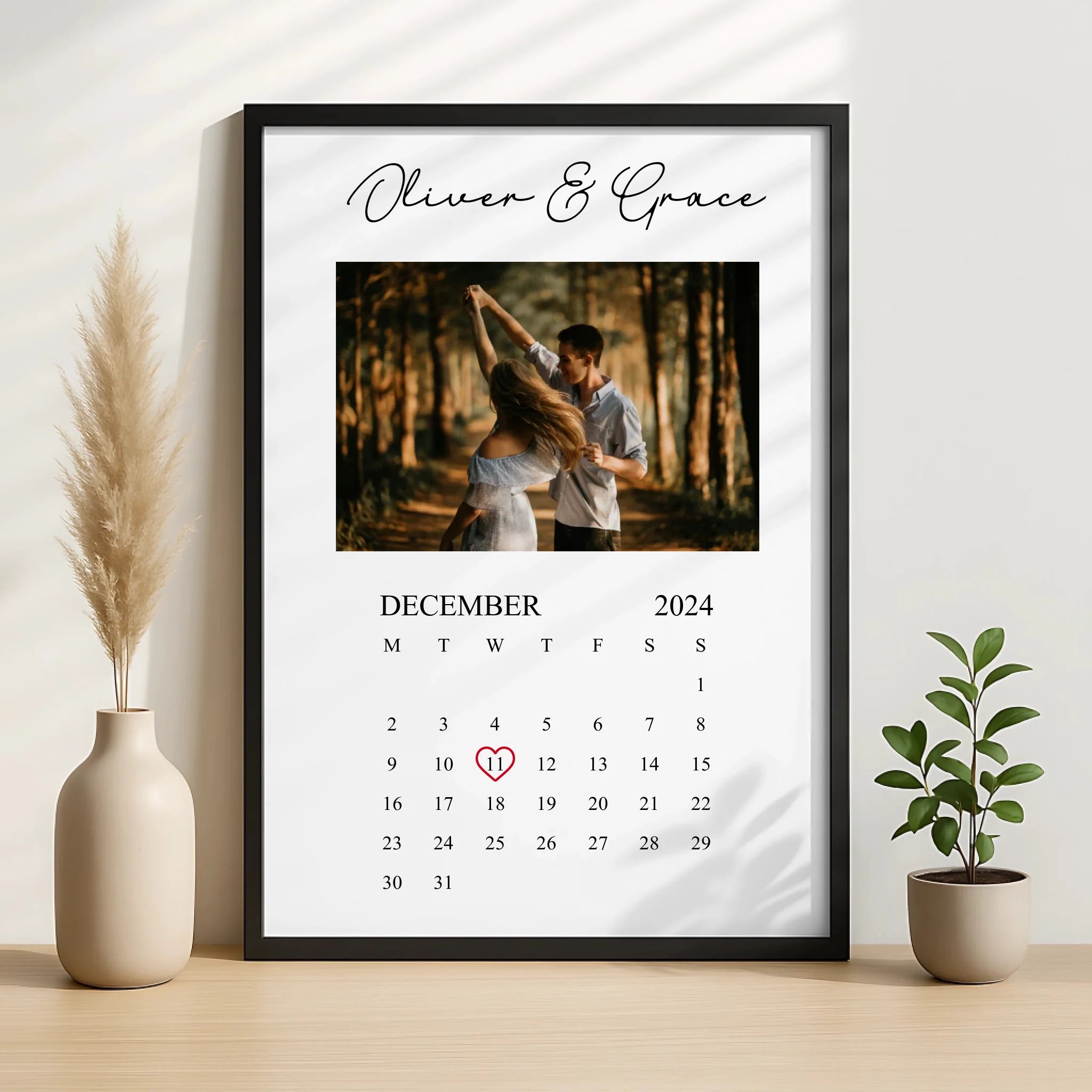 Close-up of personalised photo calendar print showing custom date and name text