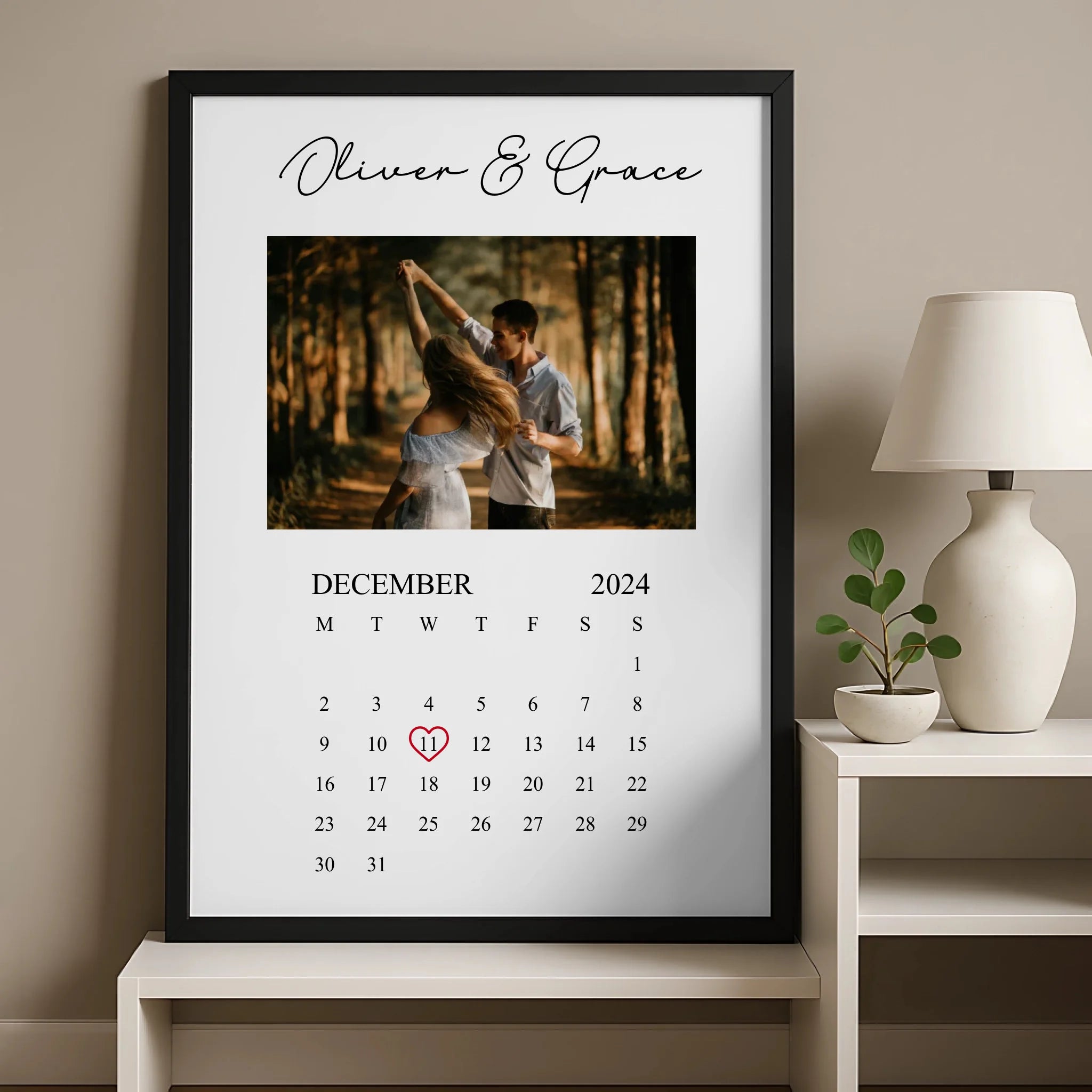 Personalised photo frame gift showing calendar print with photo and special date
