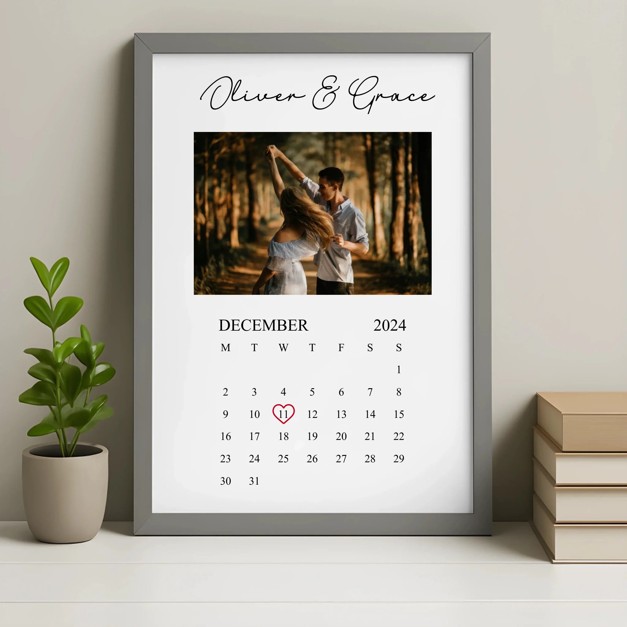 Grey framed personalised photo frame print with custom name and special date