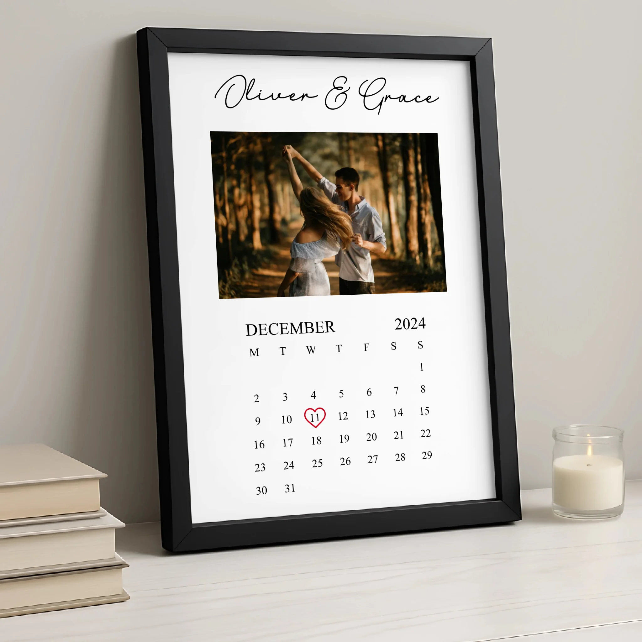 Personalised Photo Calendar Print – Custom Names, Photo & Special Date – A4/A3 Framed Keepsake