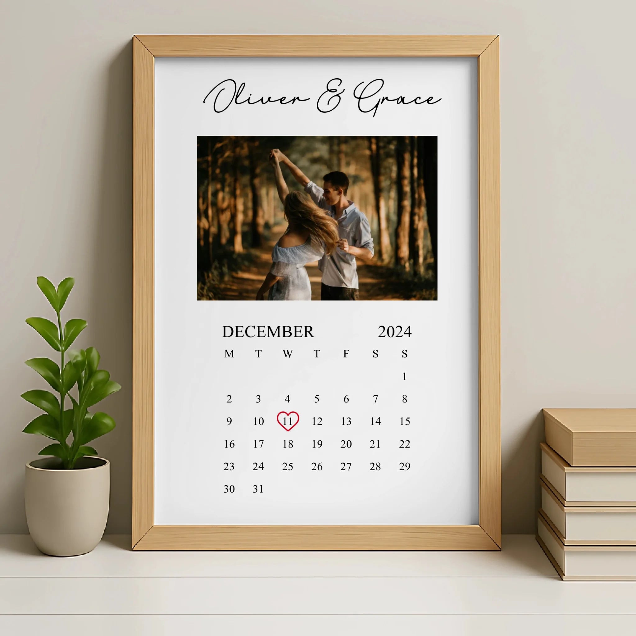 Oak framed personalised photo print with calendar date and custom photo