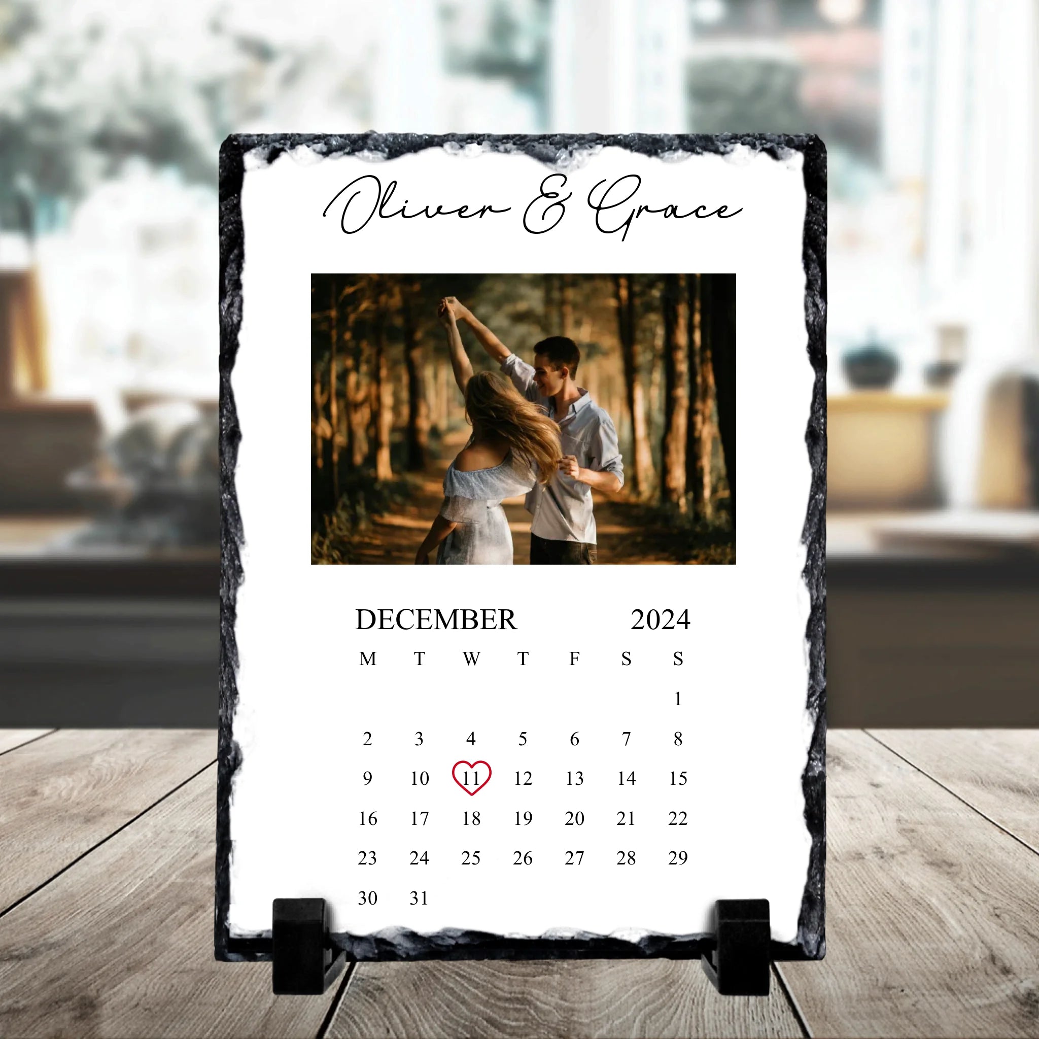 Custom photo slate gift showing personalised text and date on a natural slate background