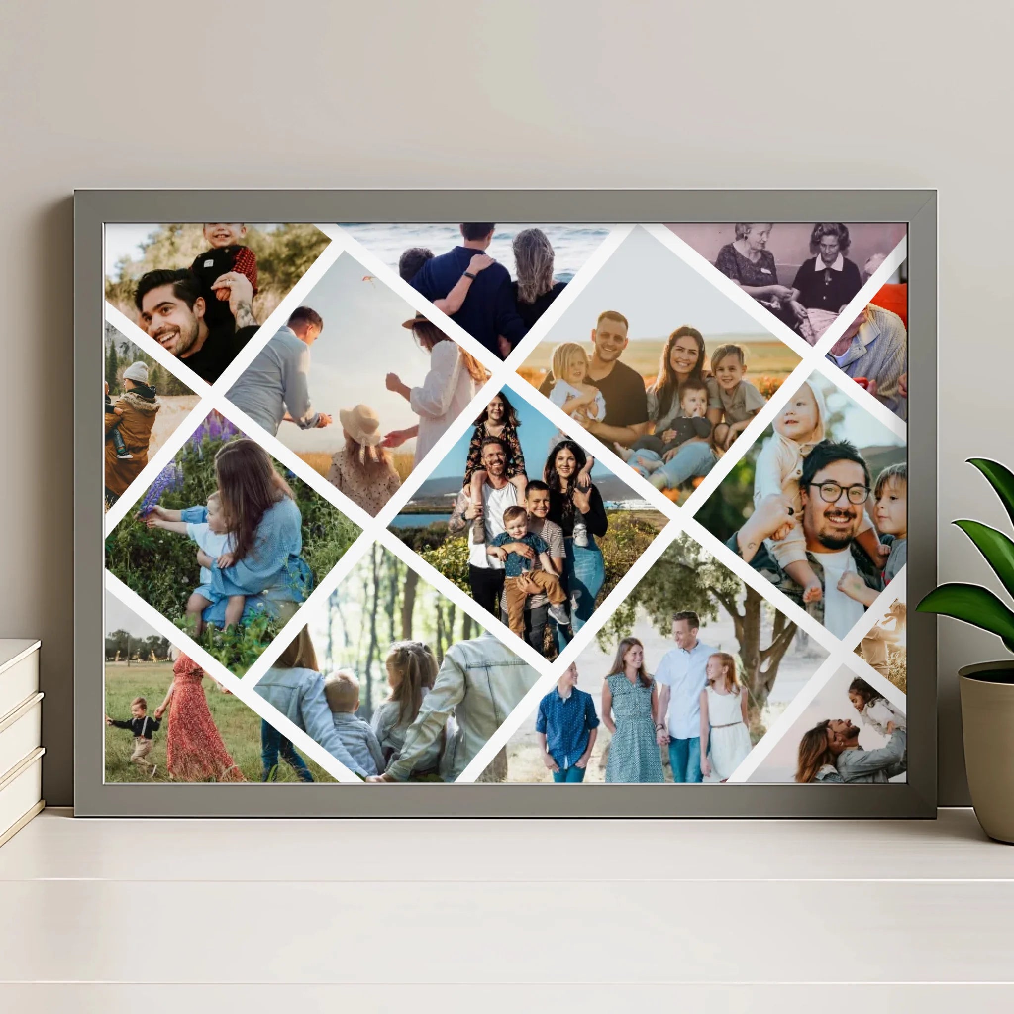 Diamond grid personalised photo collage print in grey frame with 15 family photos