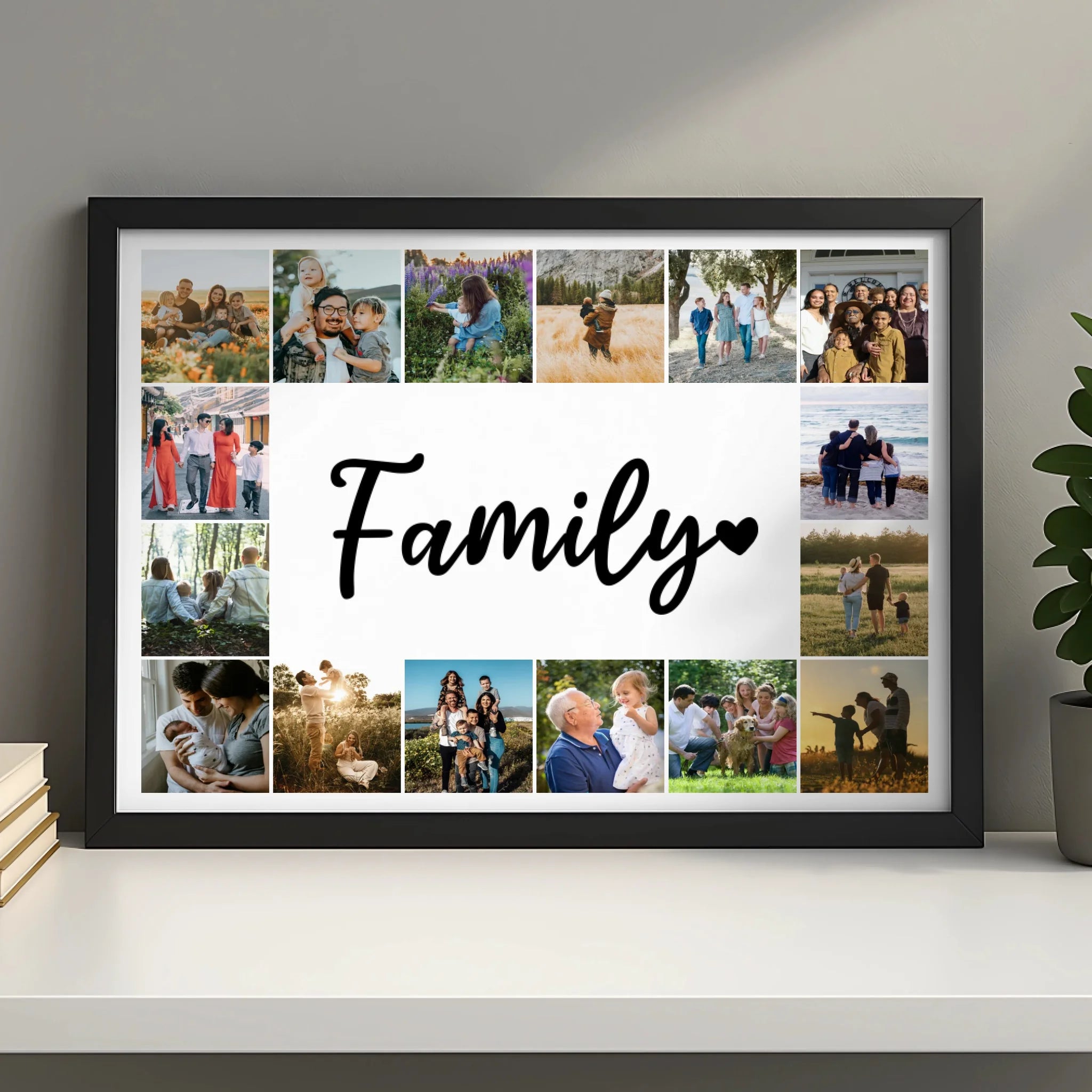A3 personalised family photo frame print displayed on a wall with 16 custom photos
