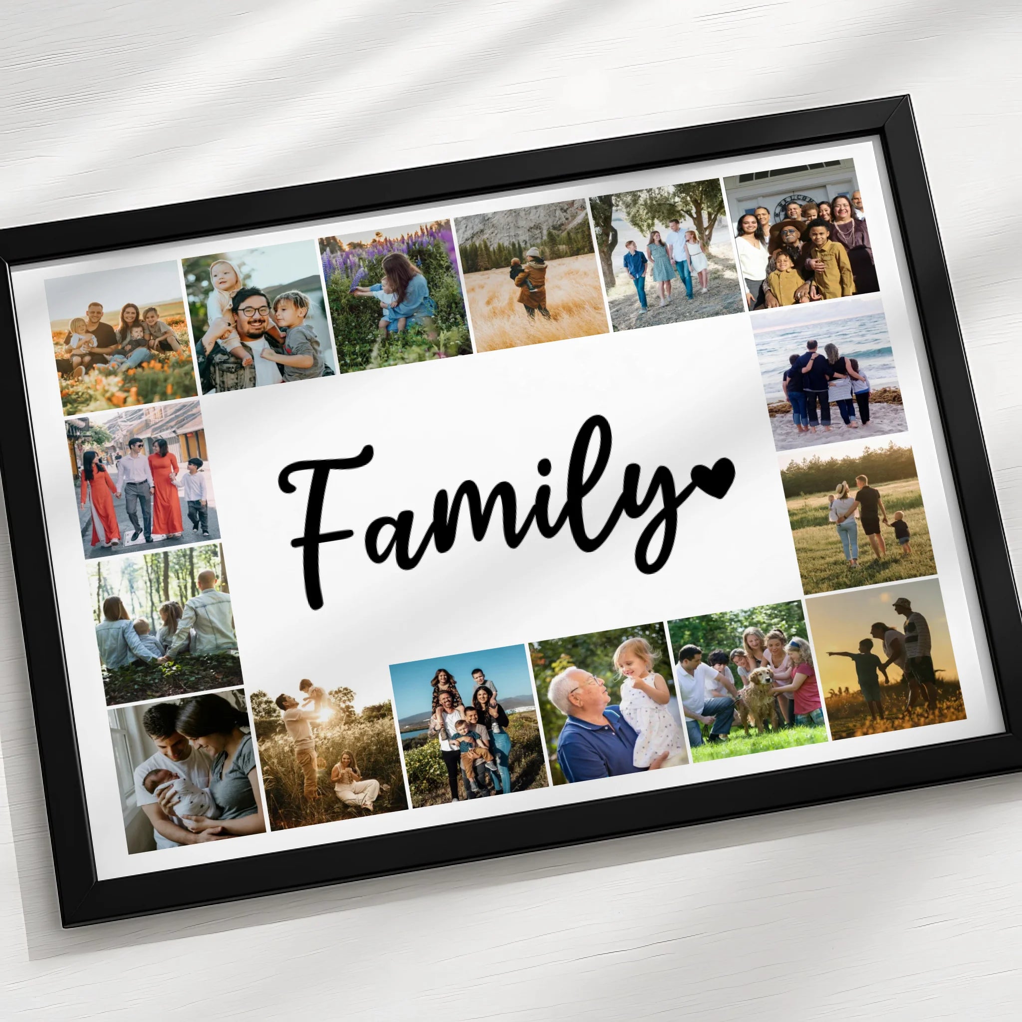Flat lay of custom family photo collage print with 16 photos and personalised Family text in the middle