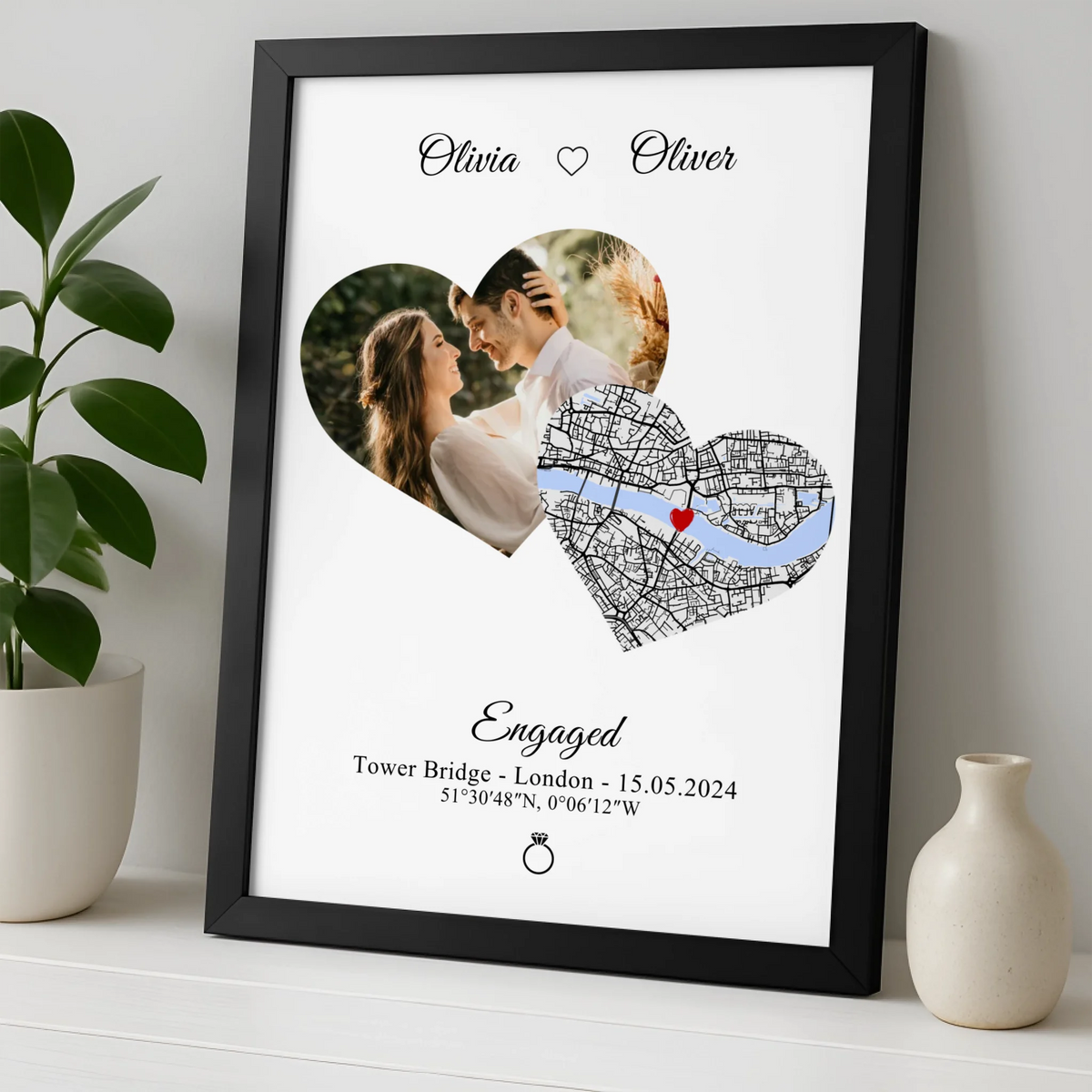 Personalised Photo & Map Heart Print – Custom Names, Date & Location with Coordinates – A4/A3 Framed Couple Gift