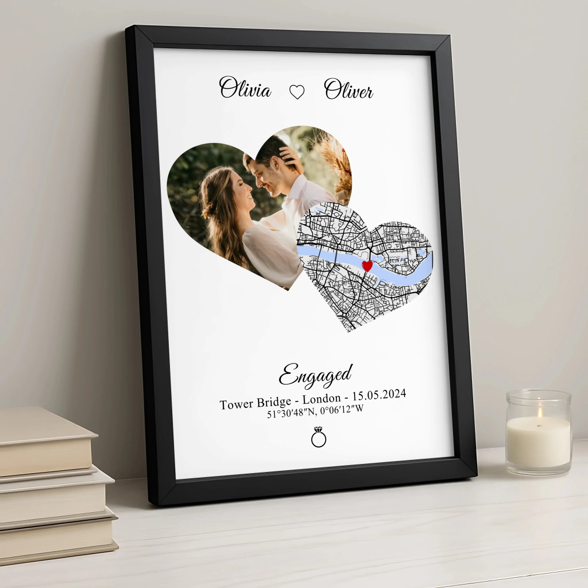 A3 personalised photo heart print with map detail and custom date, displayed on wall