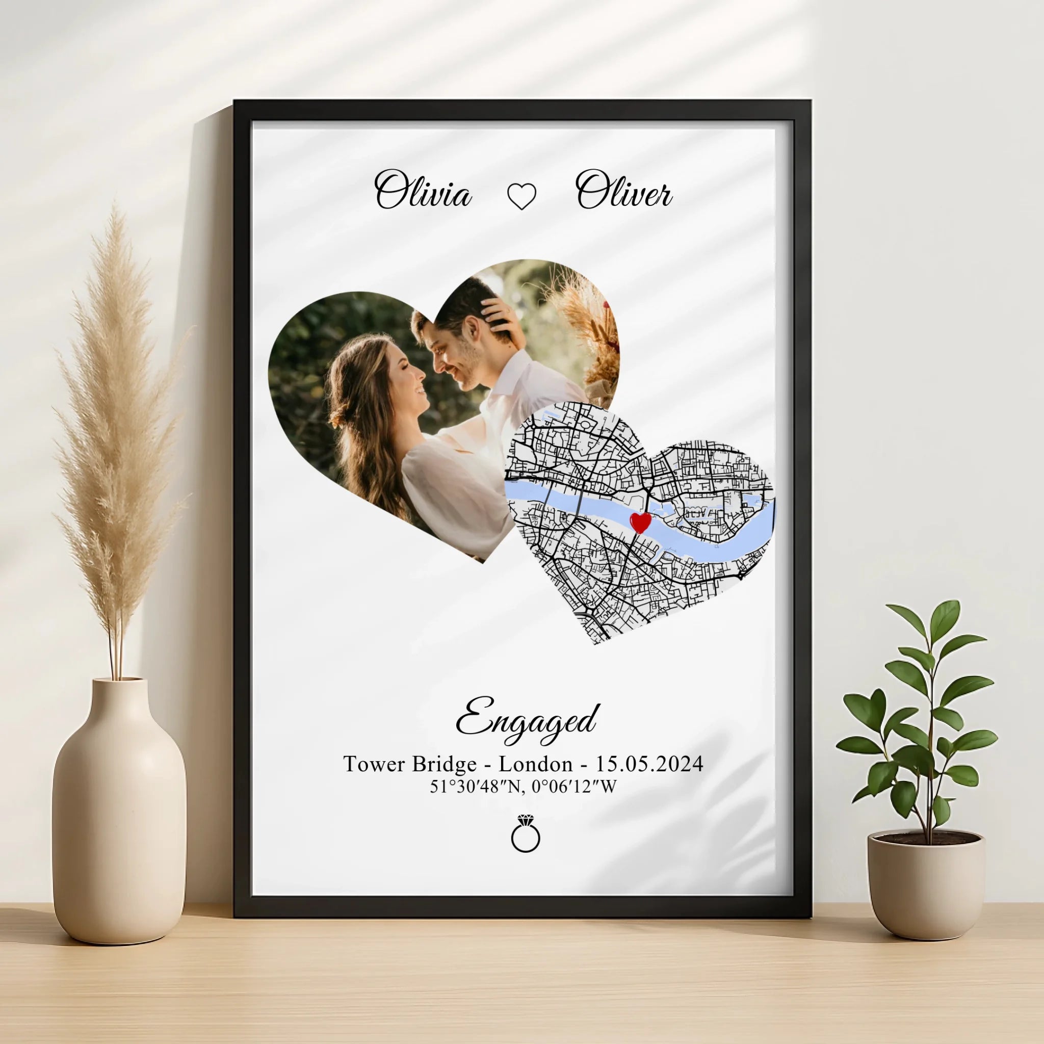 Close-up of personalised heart map print showing custom coordinates and couple names