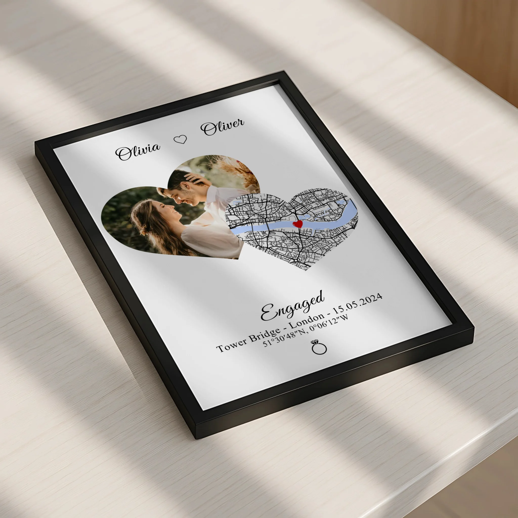 Personalised couple photo print with heart map design and location text, A4 size