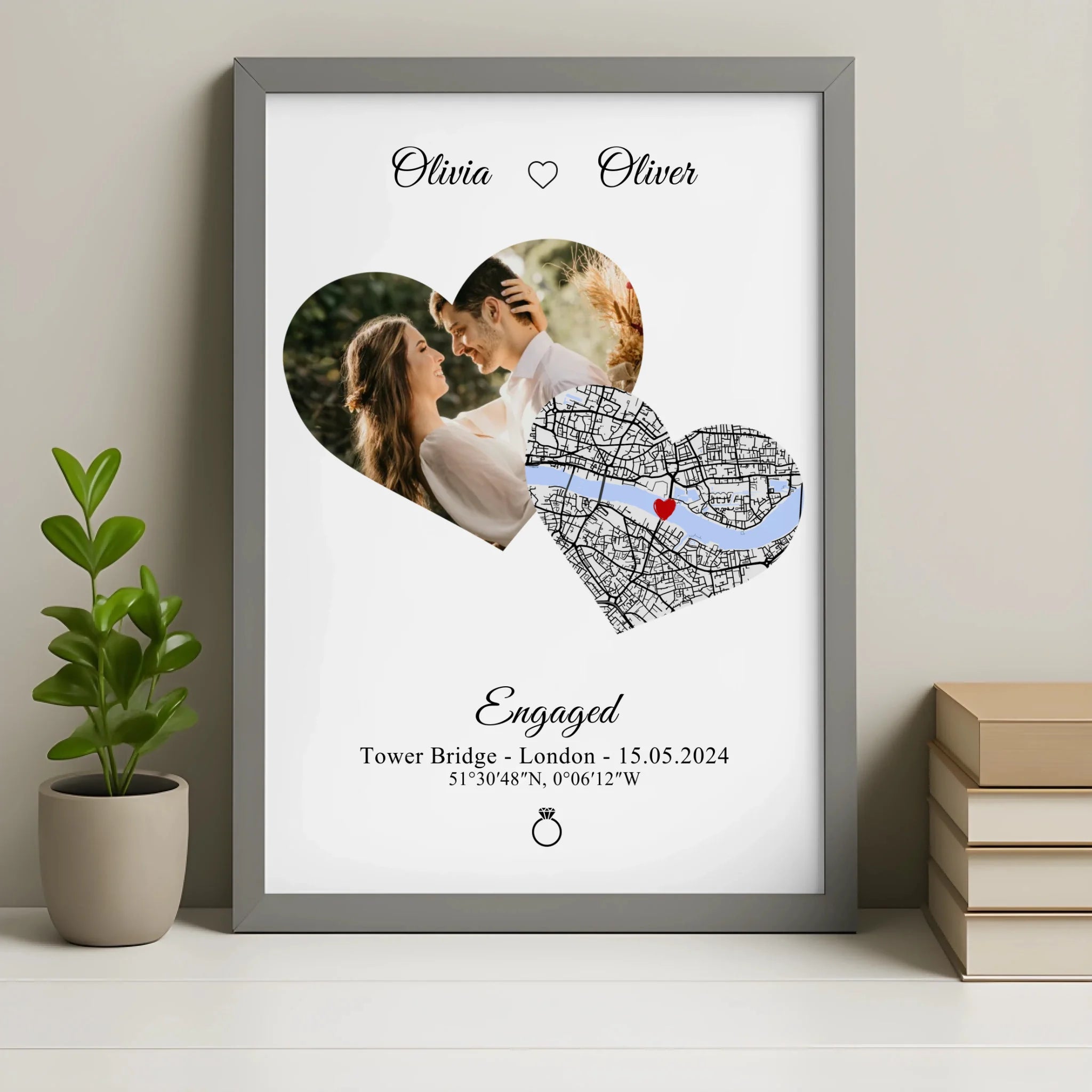Grey framed custom heart map print with personalised names, location and coordinates