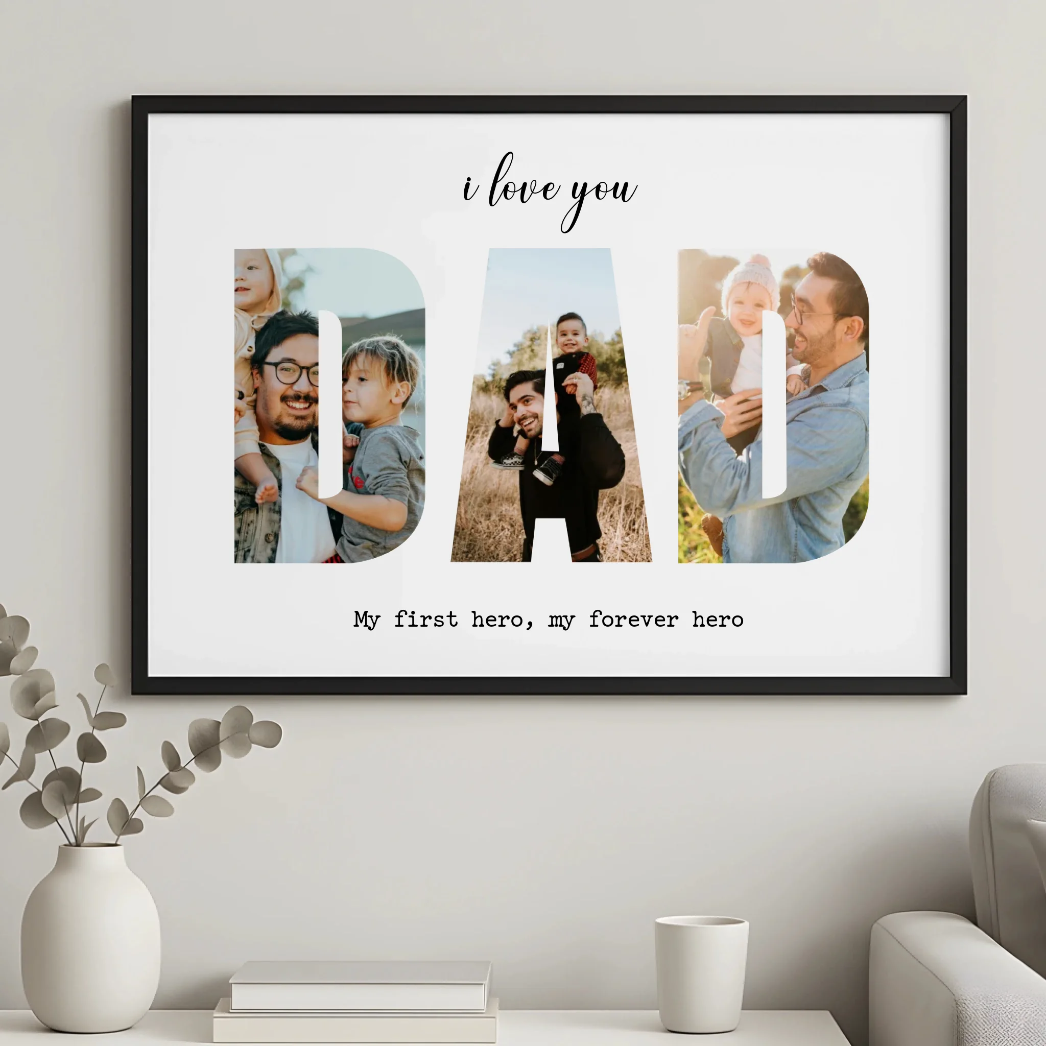 Custom photo collage for dad with three pictures and printed personal message