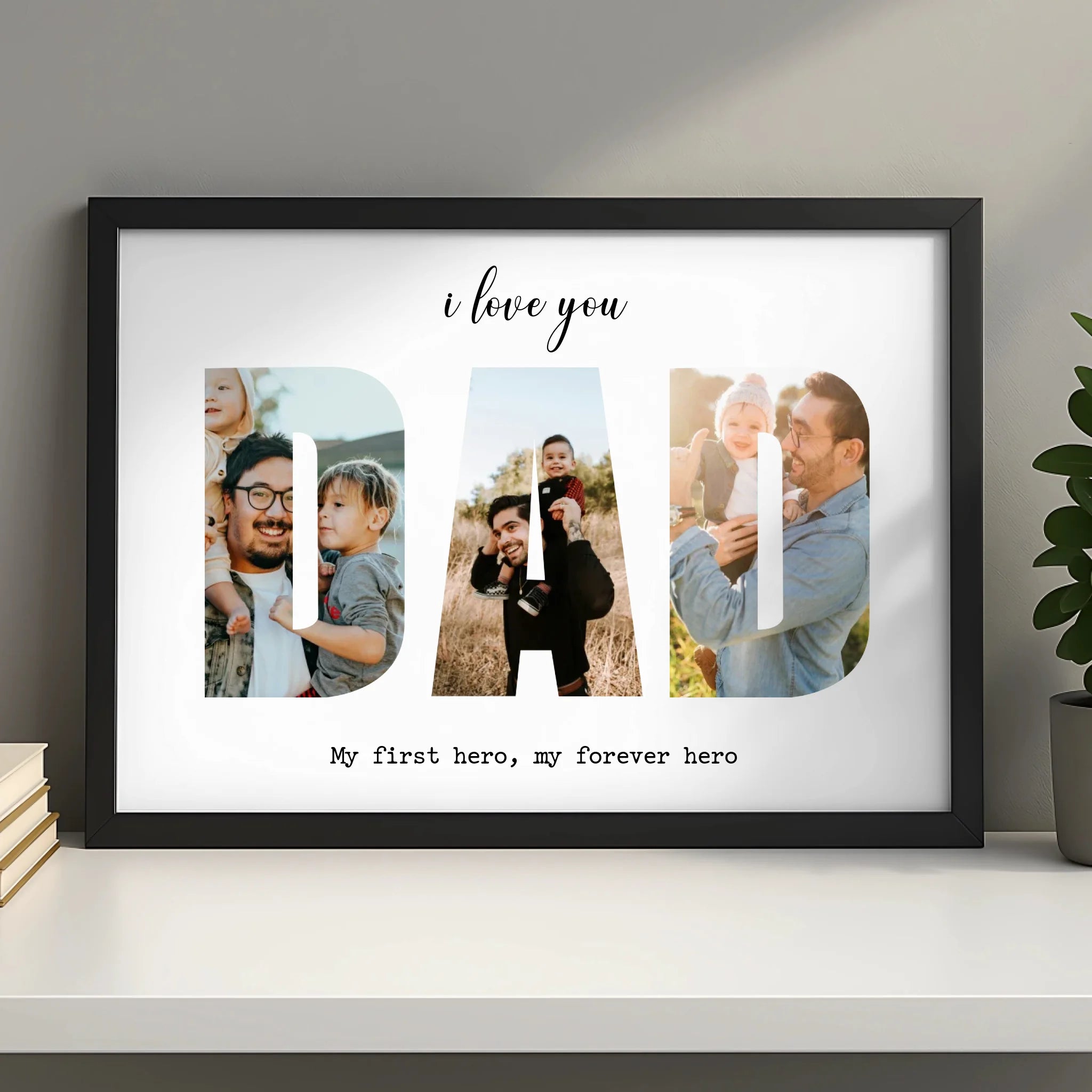 DAD photo collage print with custom message, shown framed on a wall