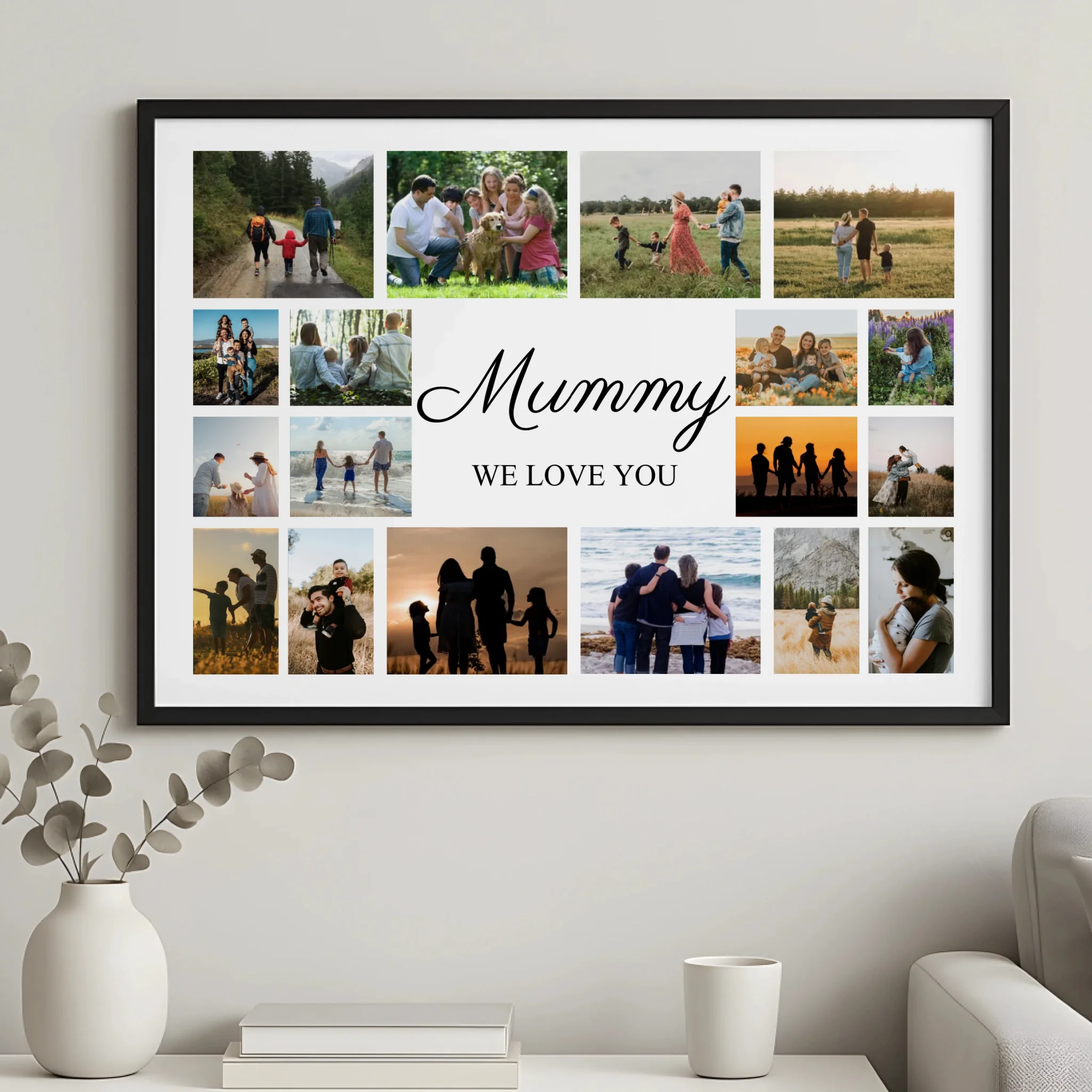 18 photo personalised collage print framed in black, shown as a gift for grandparents