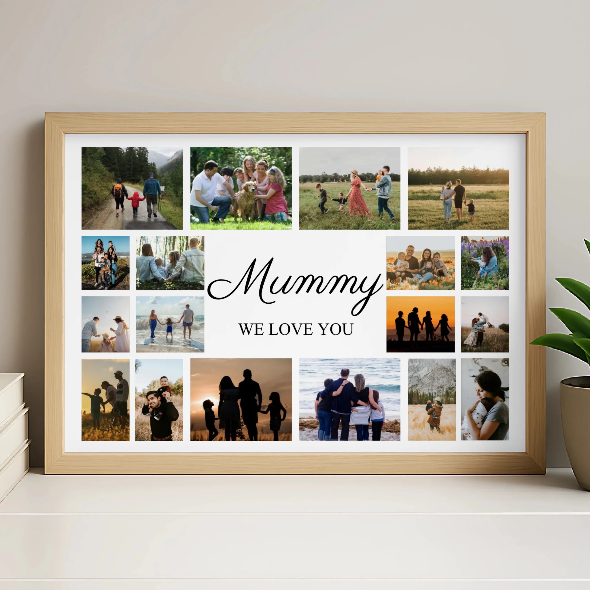Personalised photo frame in white showing an 18-photo collage with a central name and message