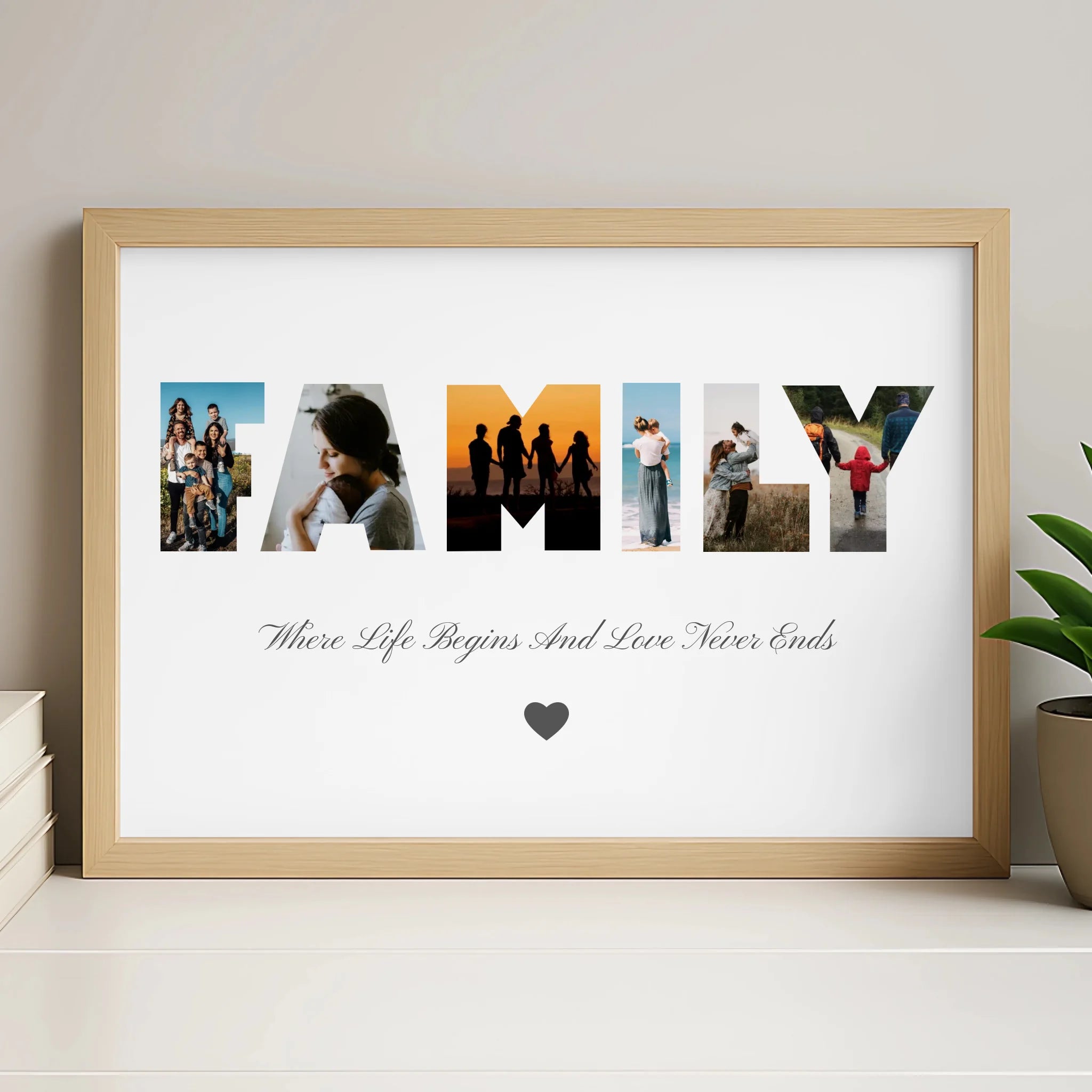 Custom family photo collage print in white frame, A4 or A3 size