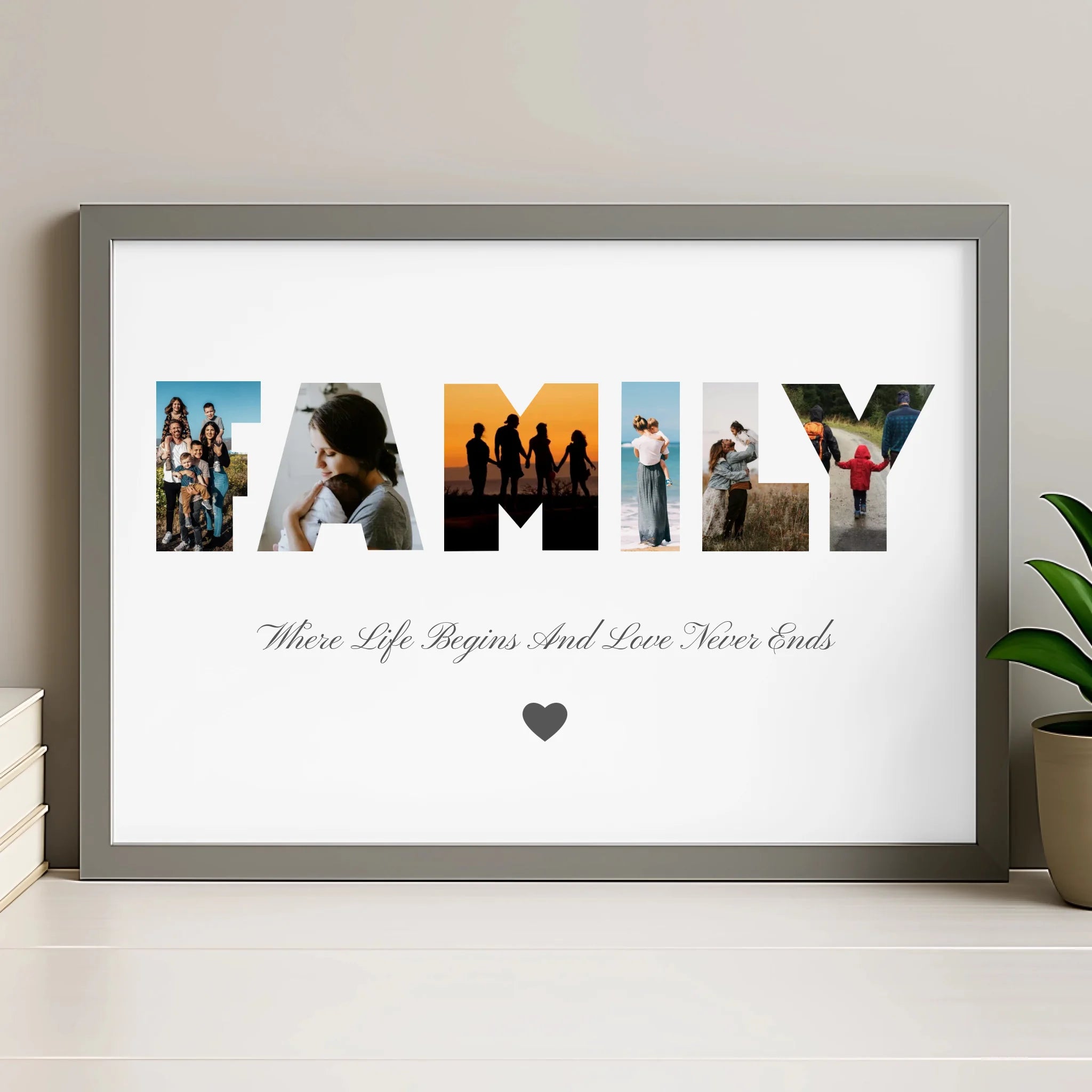 Personalised photo collage print in grey frame with six family photos