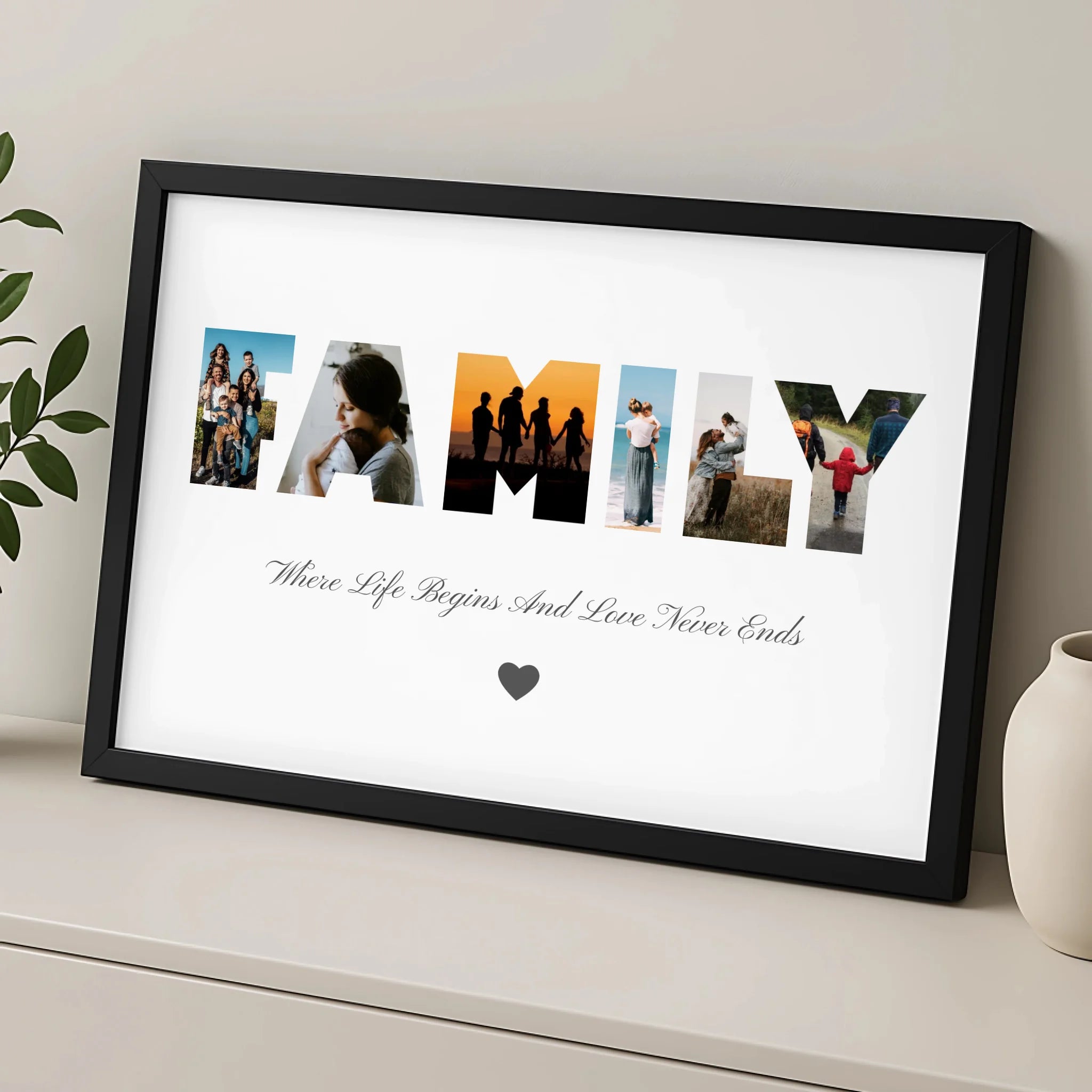 Close-up of a personalised photo frame gift featuring a six photo family collage design