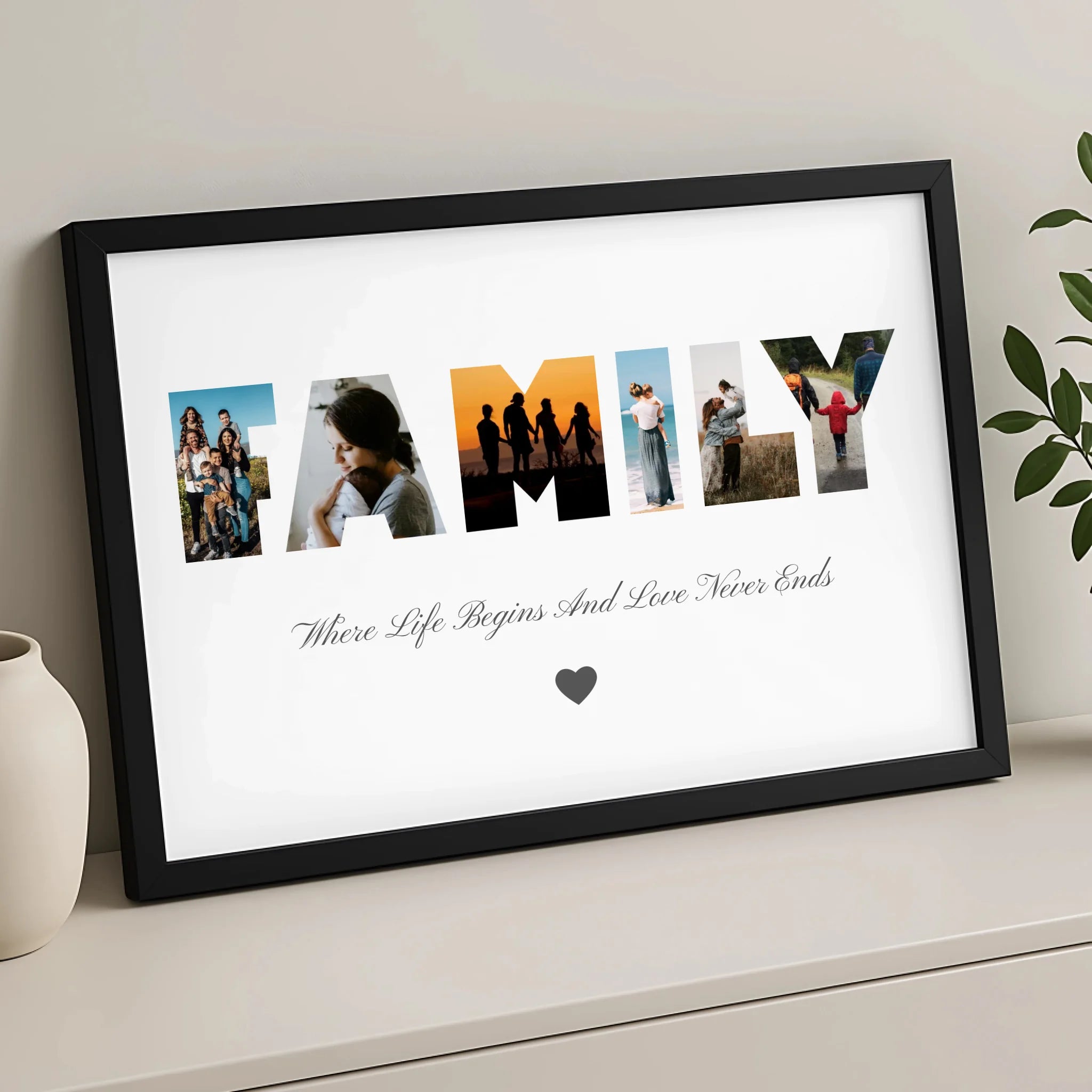 Custom six photo collage print displayed in an A3 frame with family photos