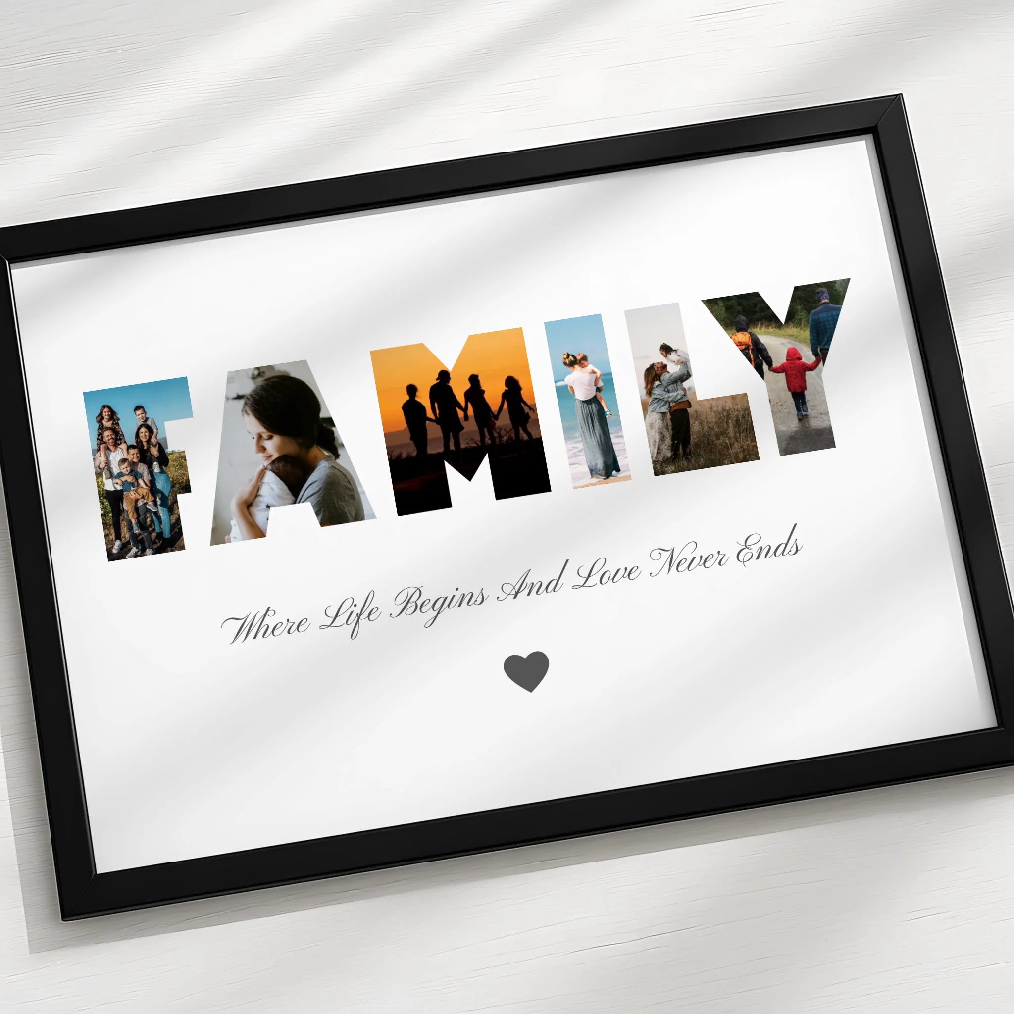 Custom photo collage print with six photos in a white A3 frame