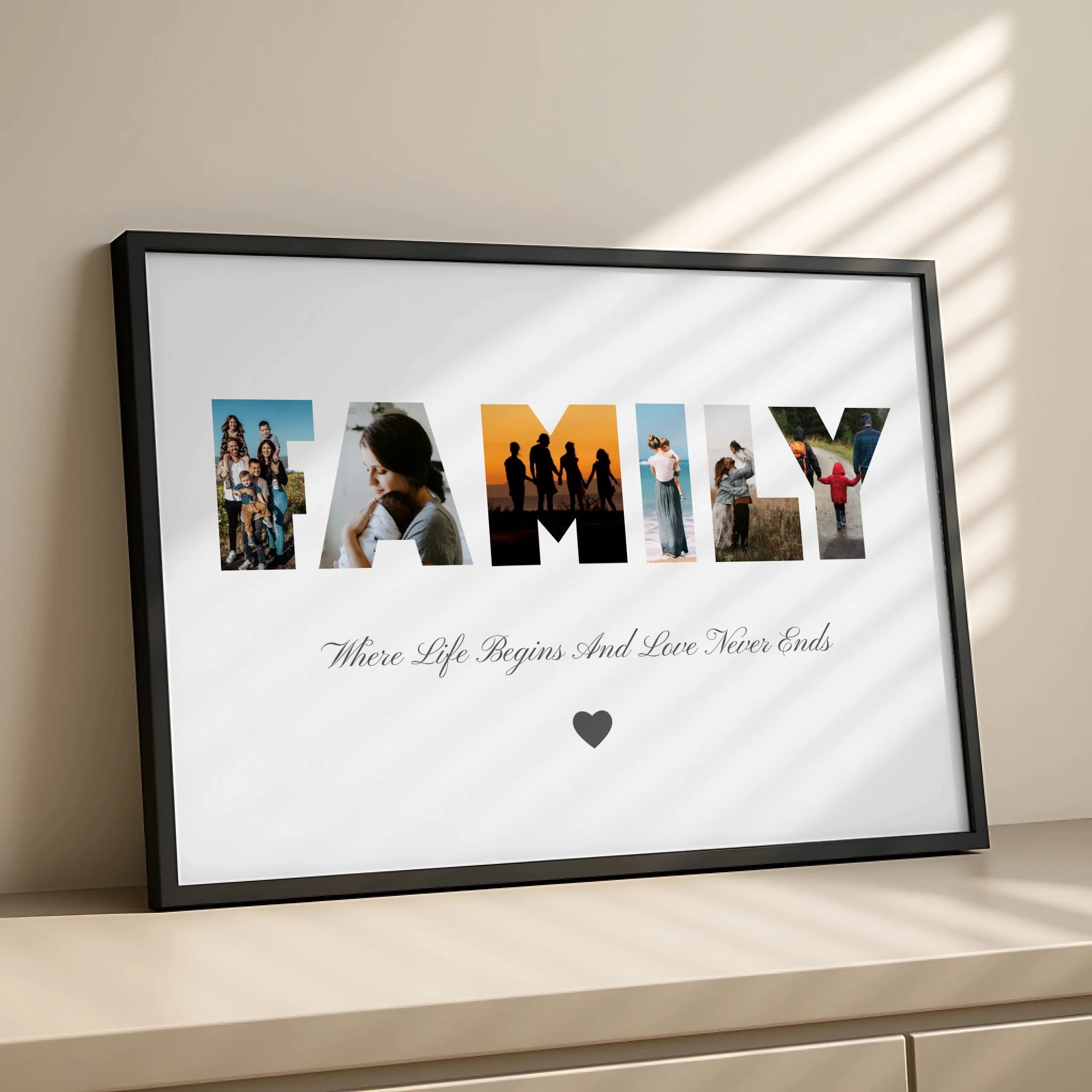 Personalised six photo collage print with optional quote, shown as a home wall print