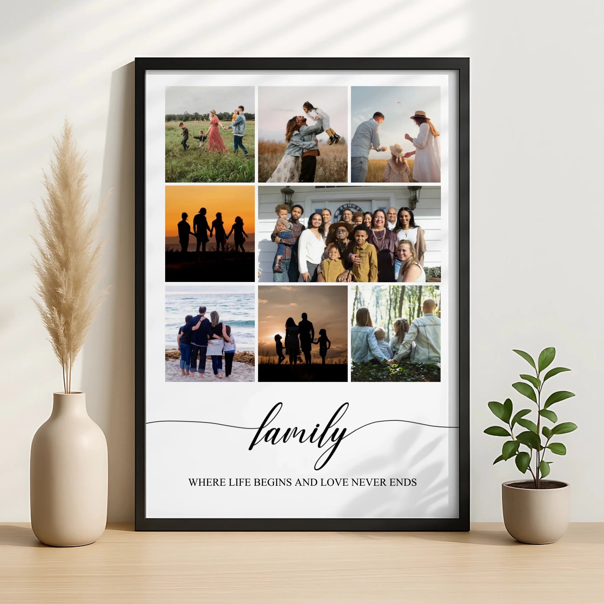 Close-up of a personalised 8-photo collage print with custom text and family pictures