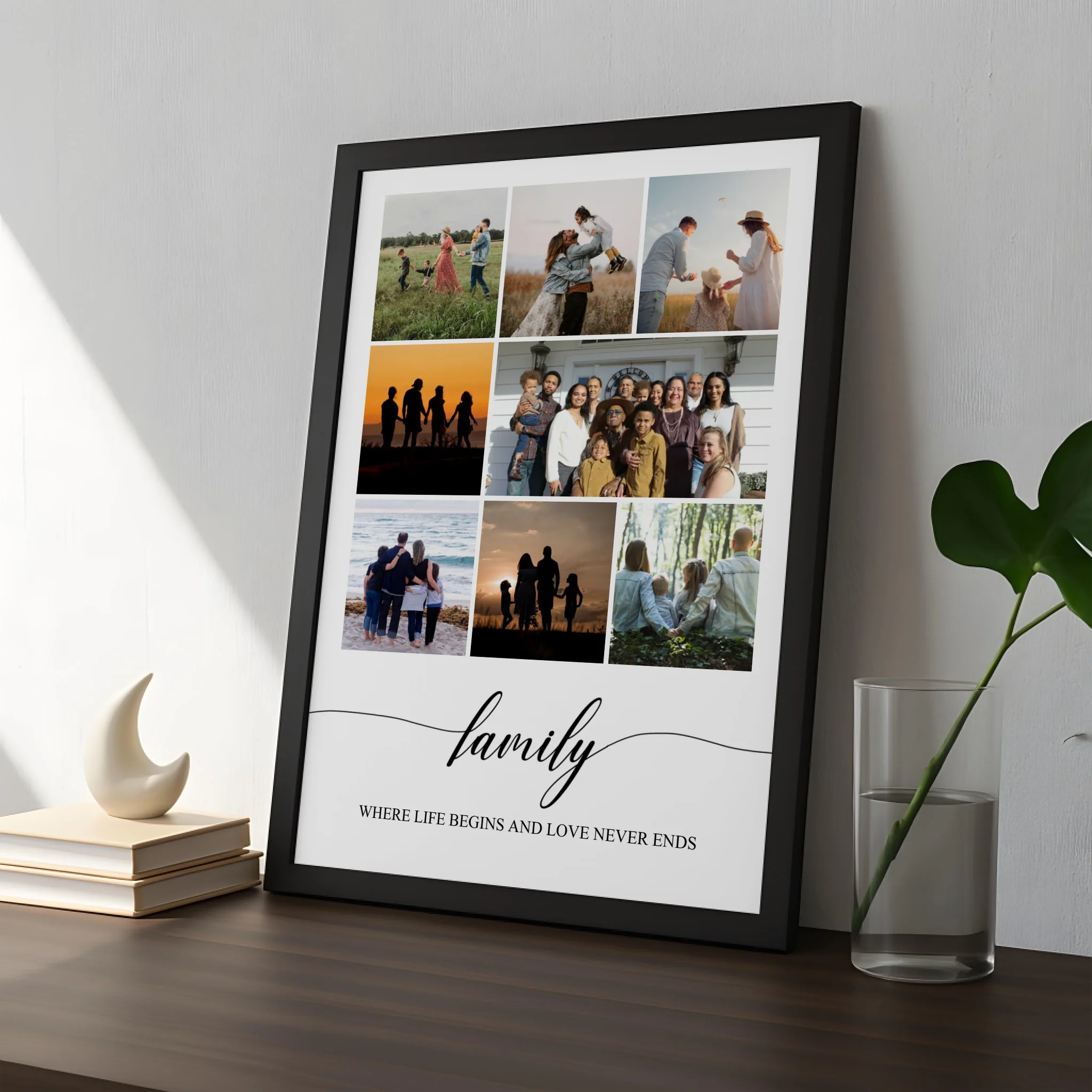 Personalised photo frame collage print displayed in a home setting