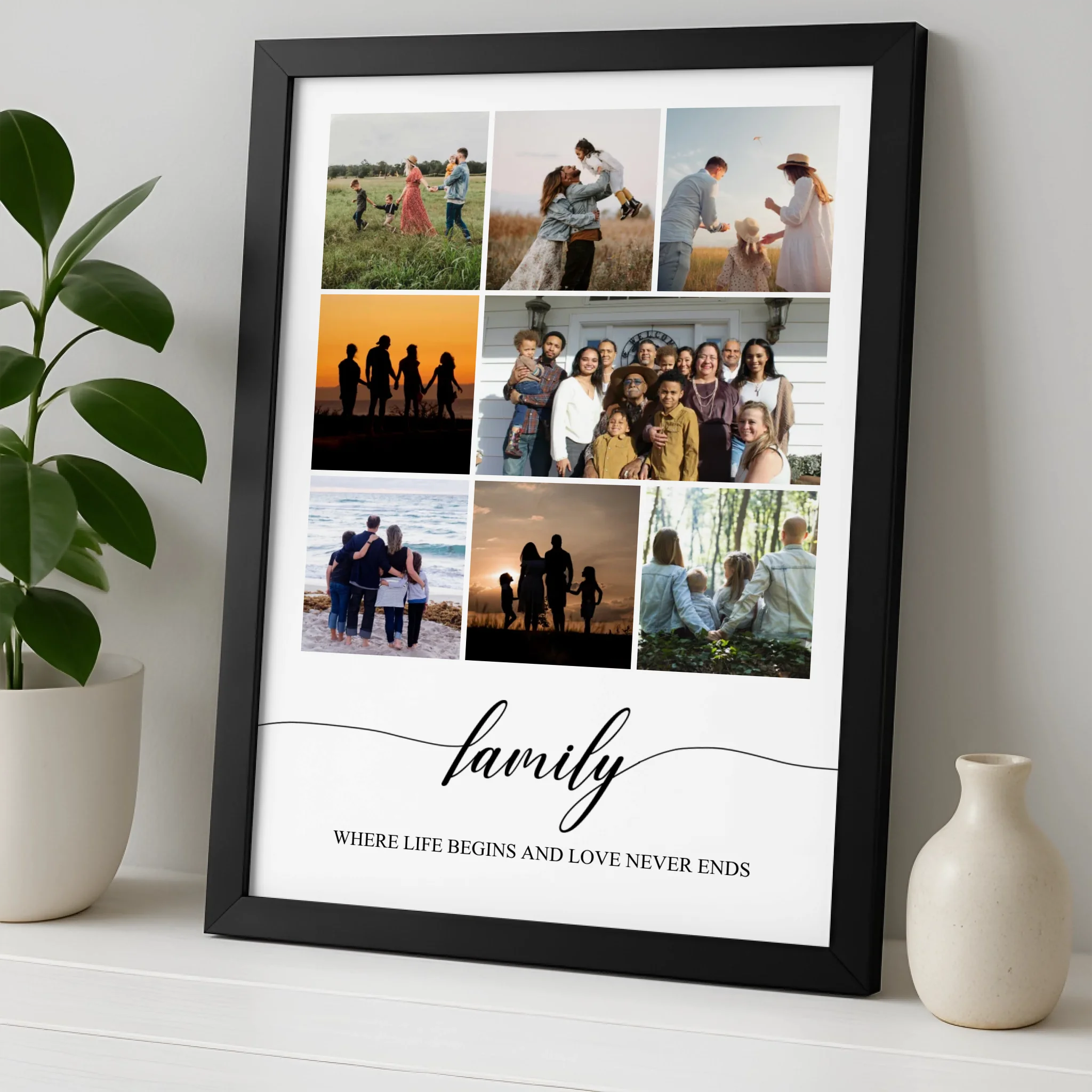 Custom photo collage frame showing 8 family photos arranged in a grid layout