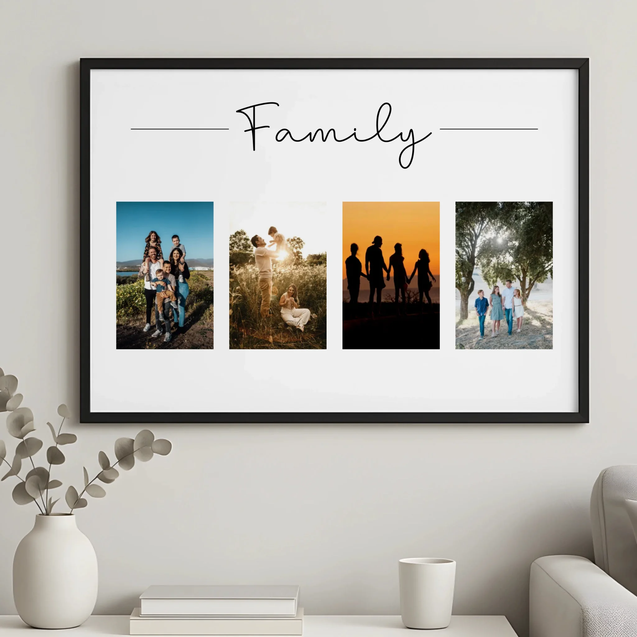 Personalised photo frame showing four photos as a home décor gift idea