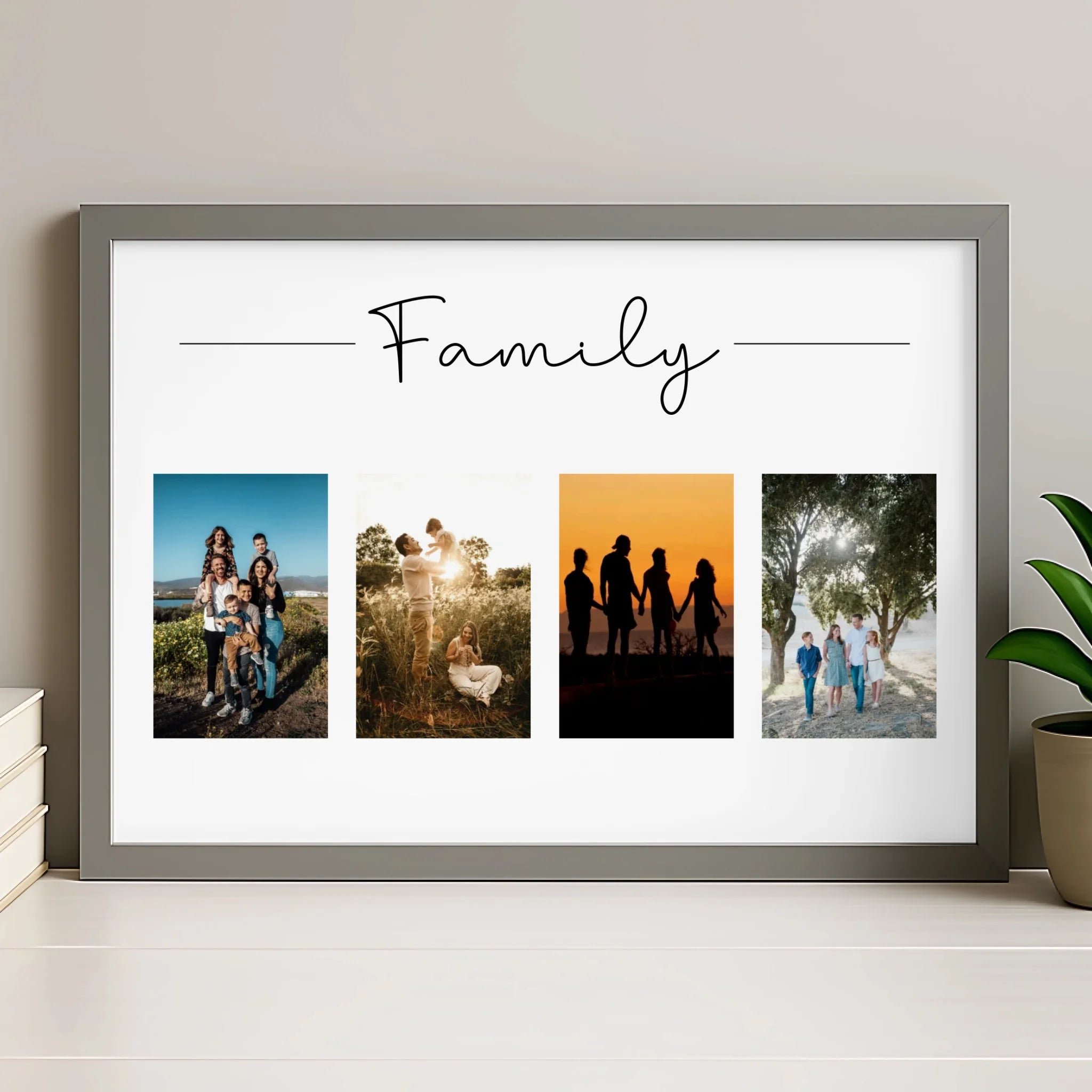 Custom photo collage print in a grey frame with four family pictures