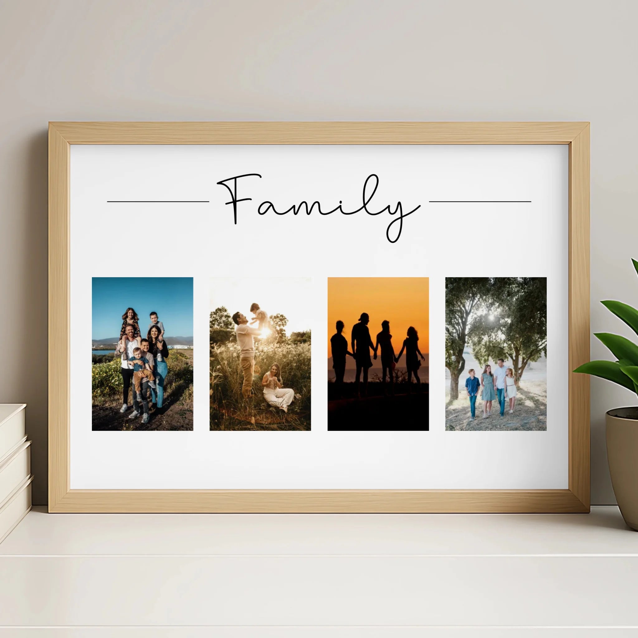 Personalised 4 photo collage print displayed in a white frame