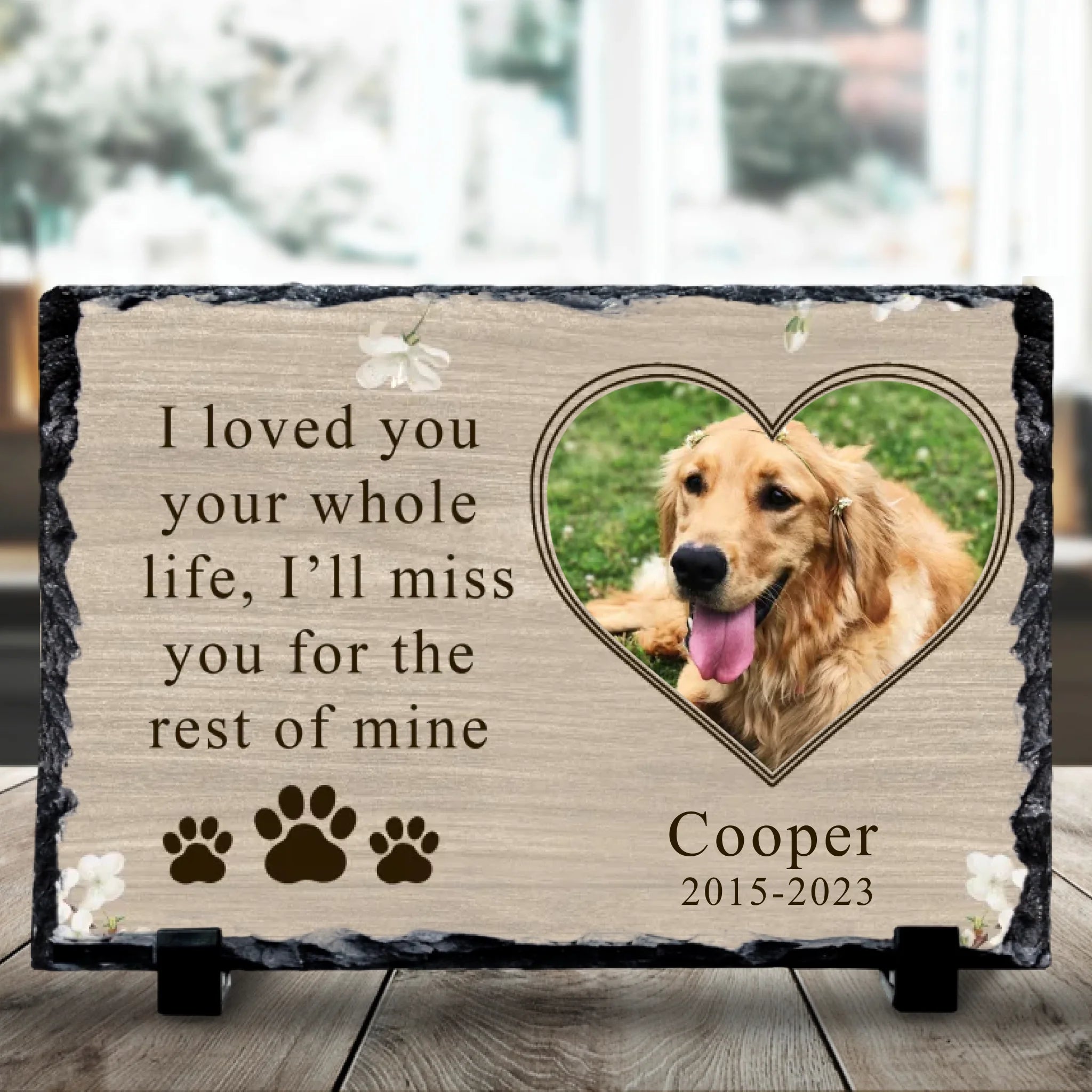 Close-up of a personalised photo memorial slate with pet photo and tribute quote