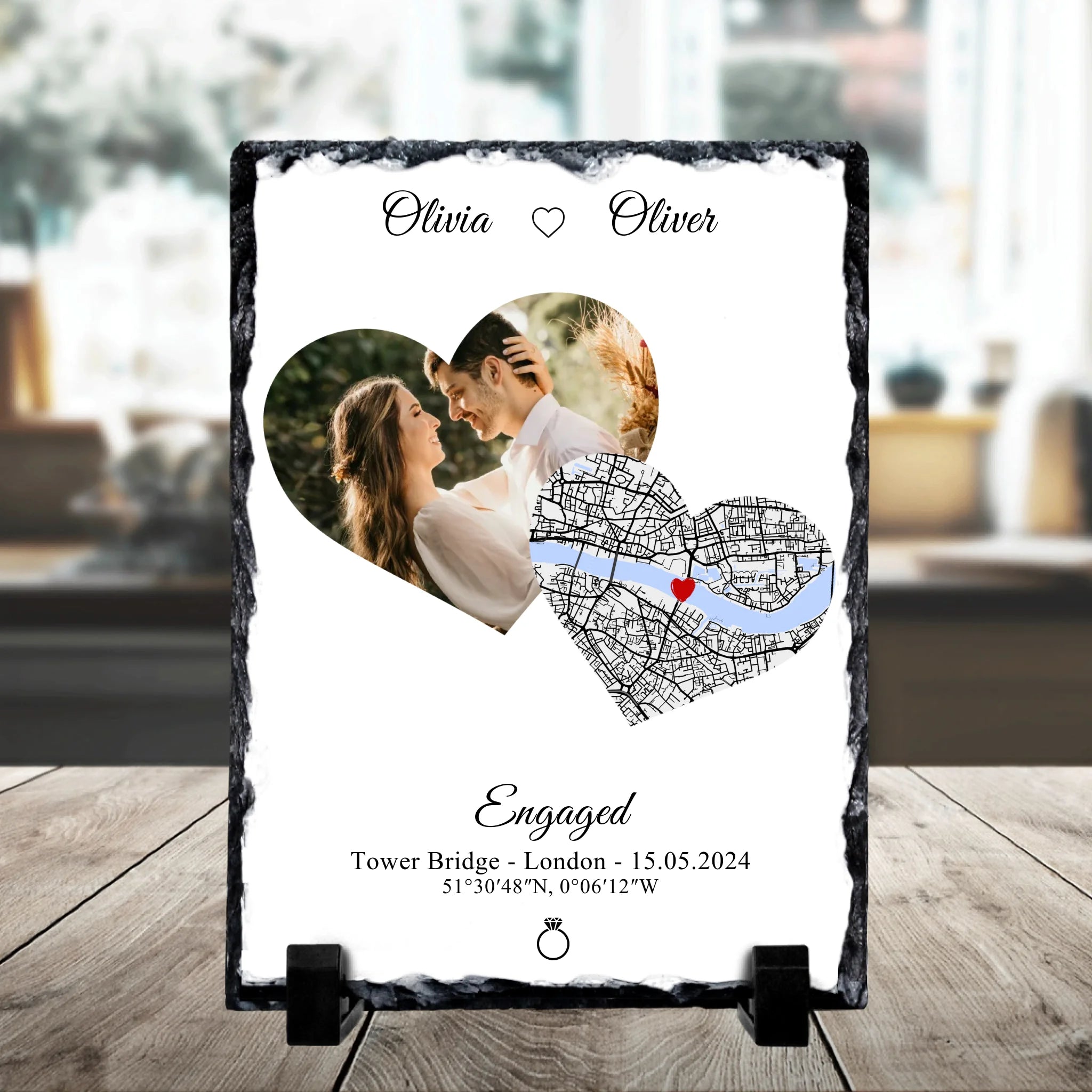 Close-up of custom photo slate showing heart map with coordinates, names and date personalisation