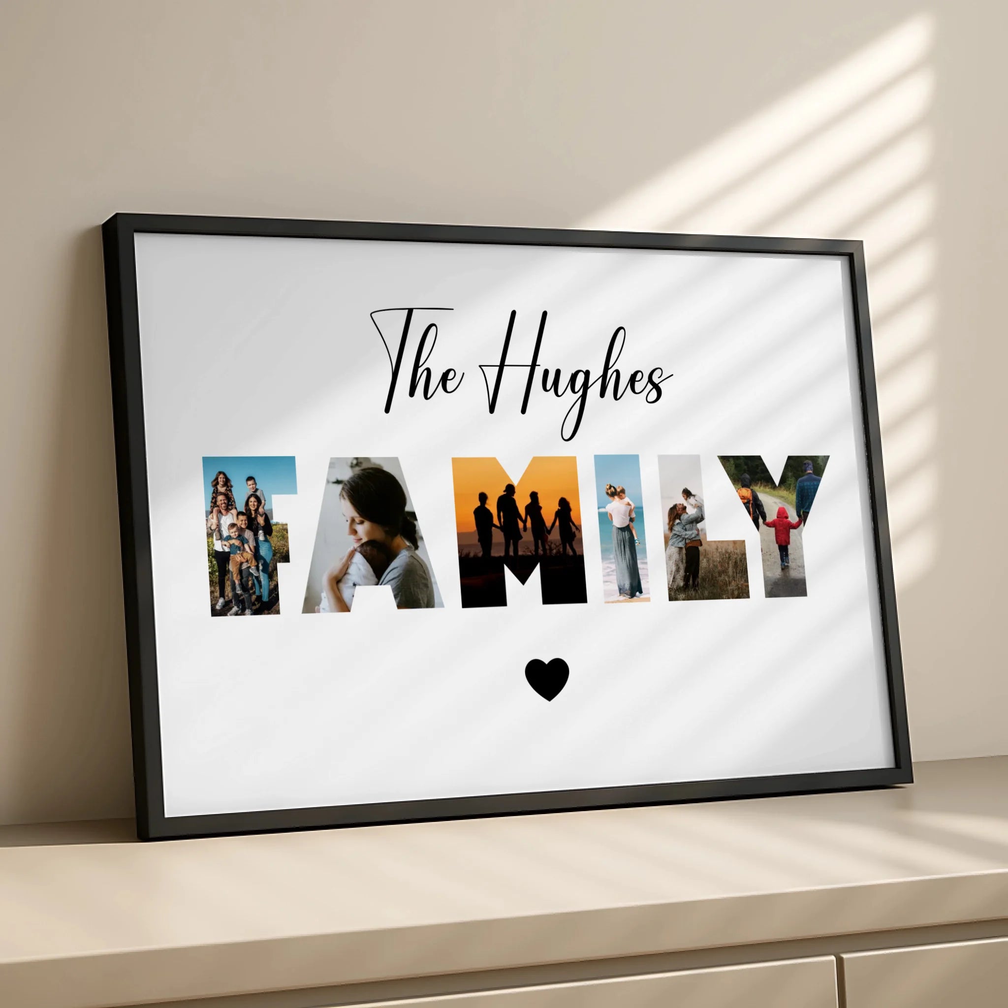 Personalised photo collage print laid flat showing six photo grid layout