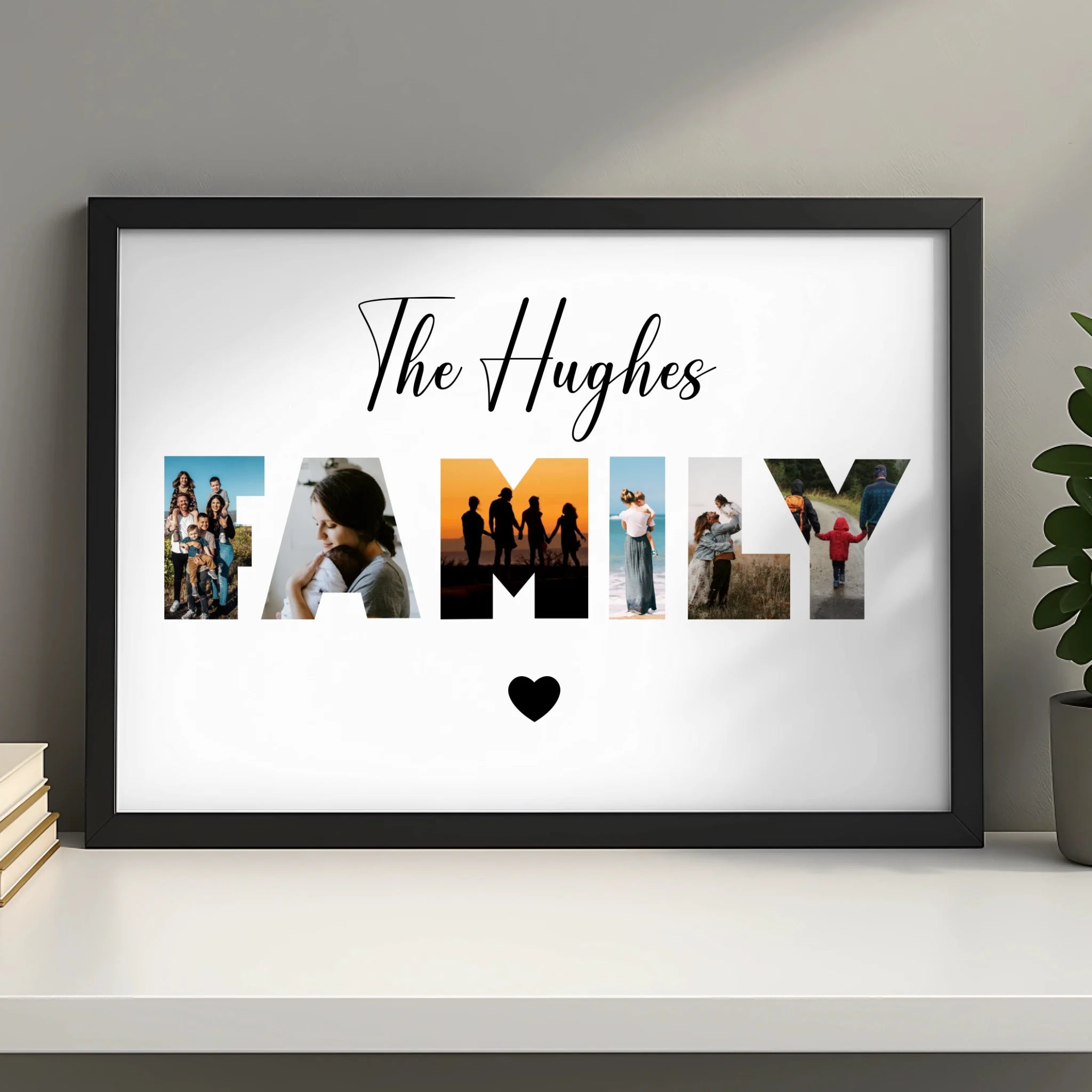 Personalised six photo collage print in a black frame on a shelf