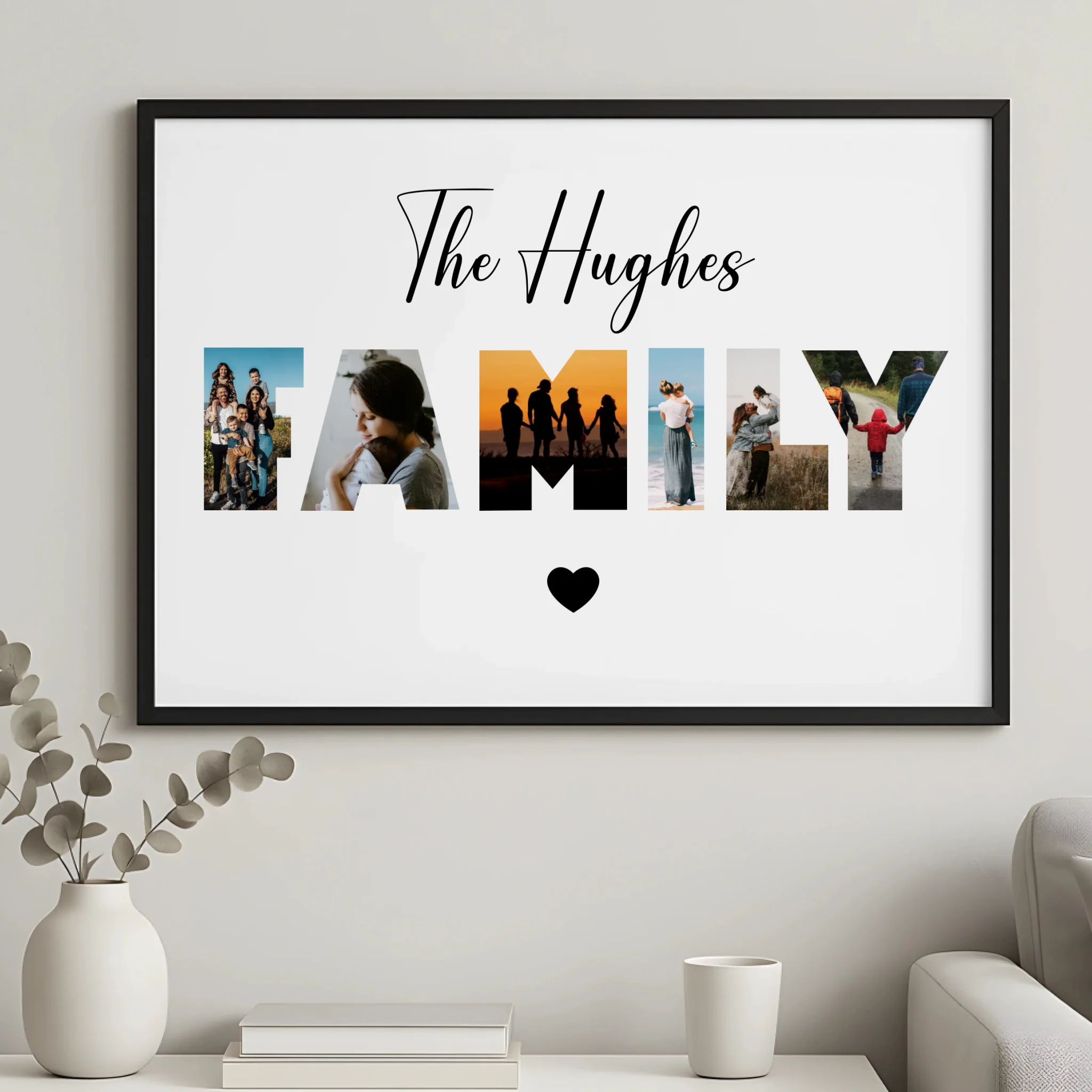 Personalised photo frame gift showing six custom photos in a dark frame