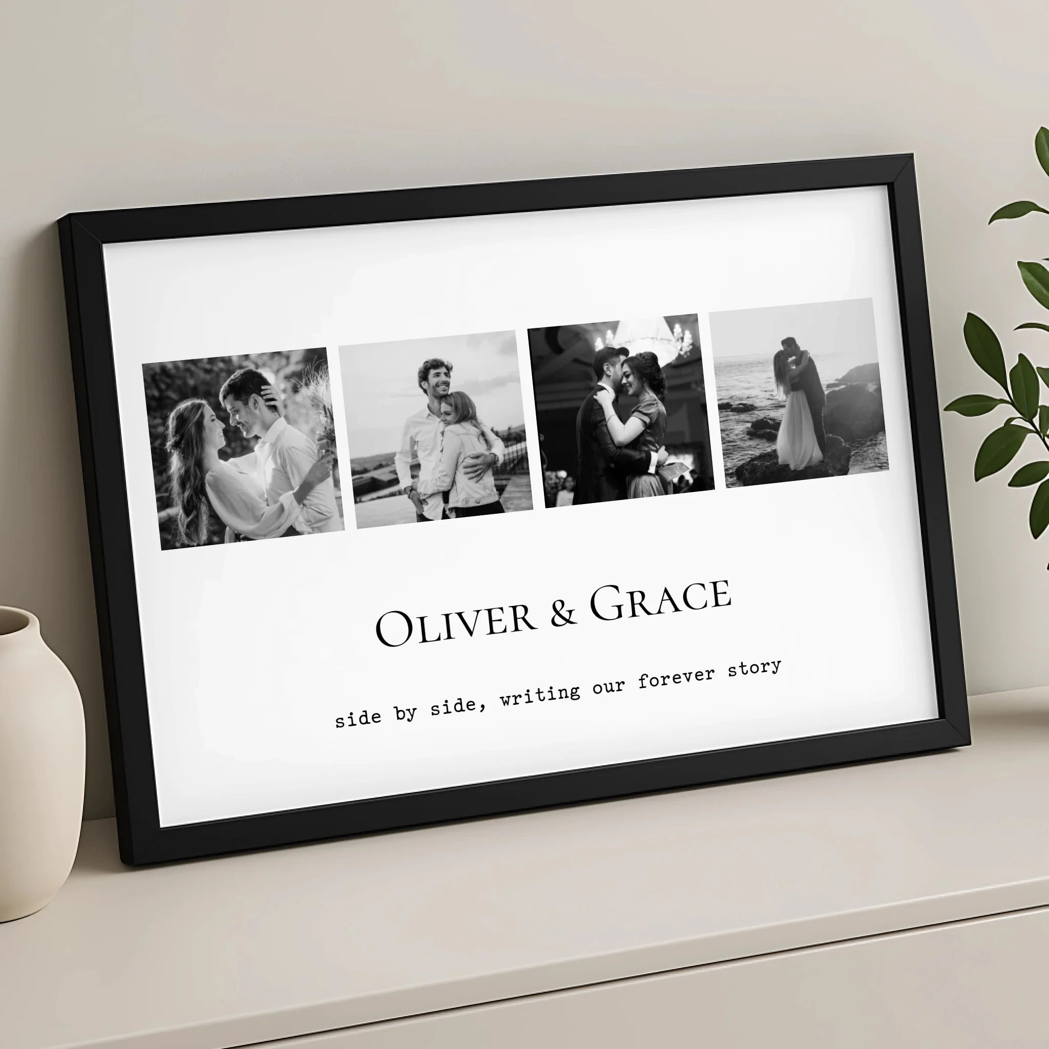 Close-up of personalised photo collage print showing custom name and quote text