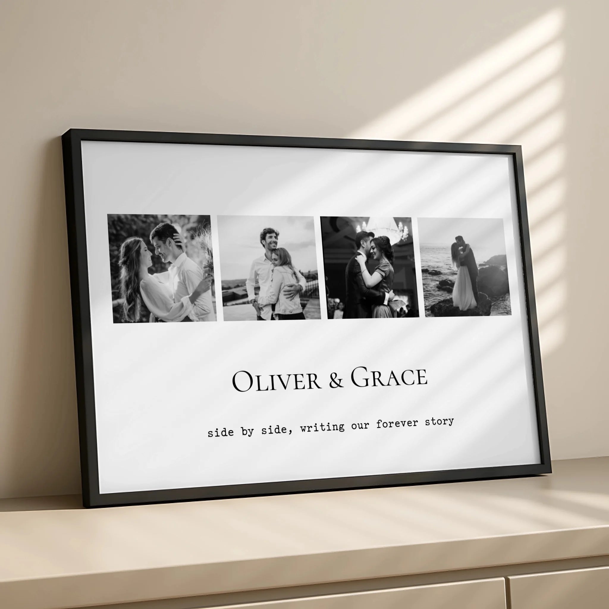 A3 personalised photo frame with four black and white photos and printed names