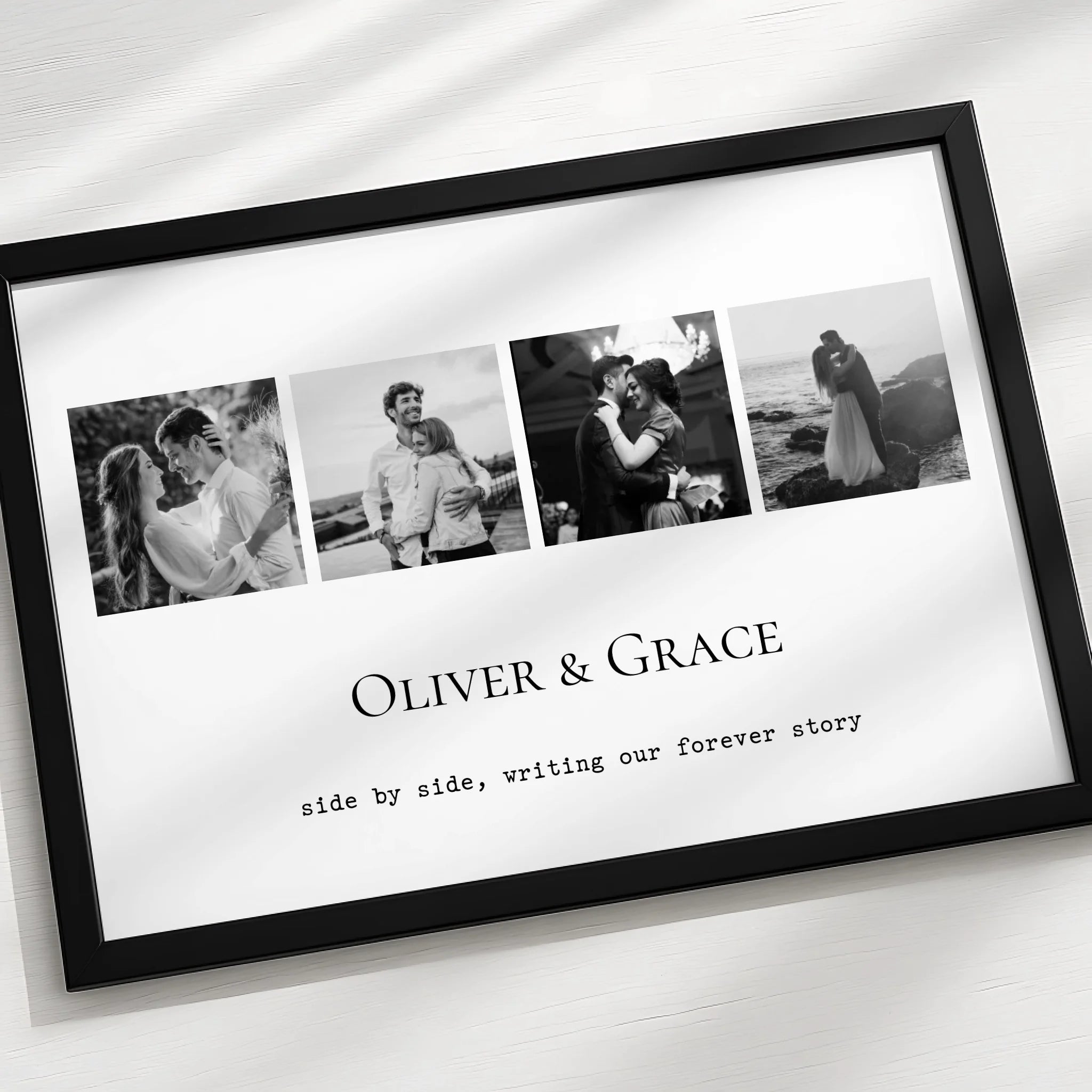 A4 personalised photo collage frame with names and quote, shown as a wedding gift