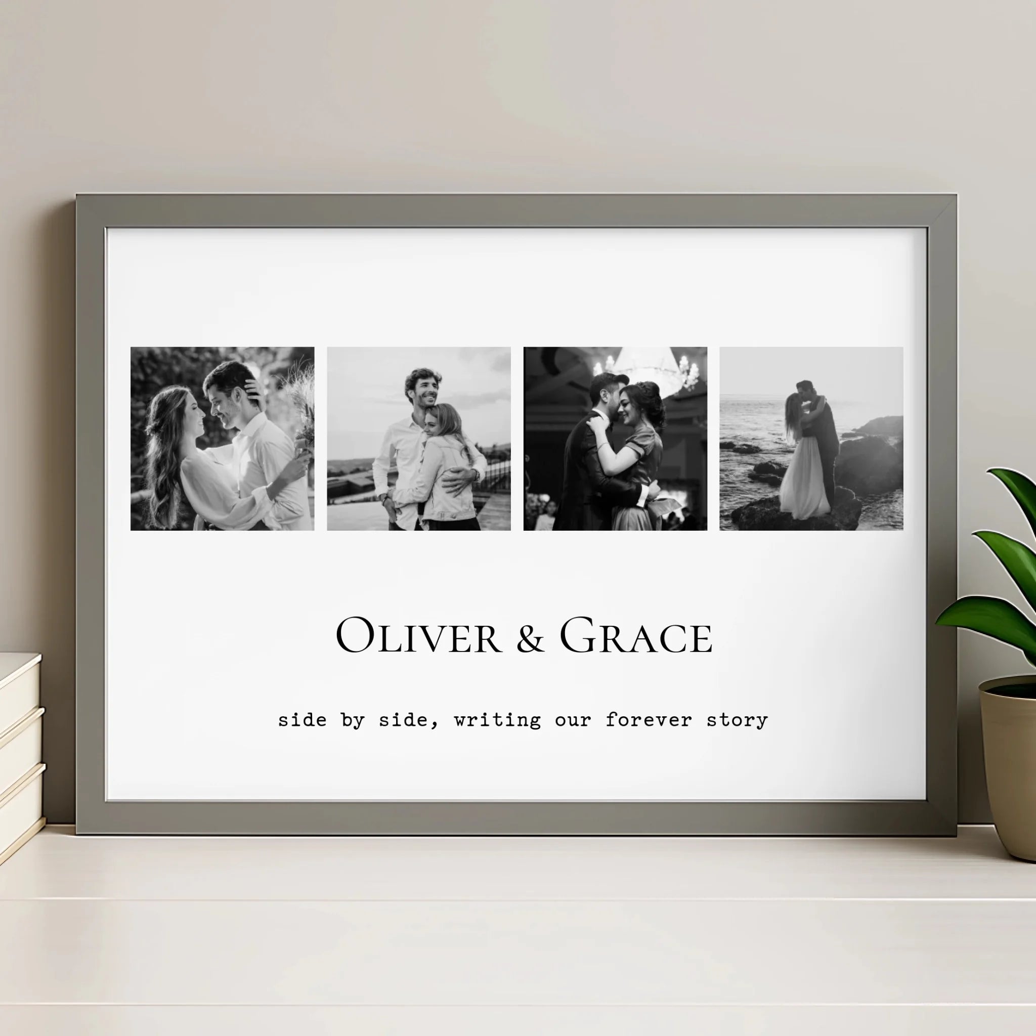 Personalised photo collage print in grey frame showing four photos with custom text