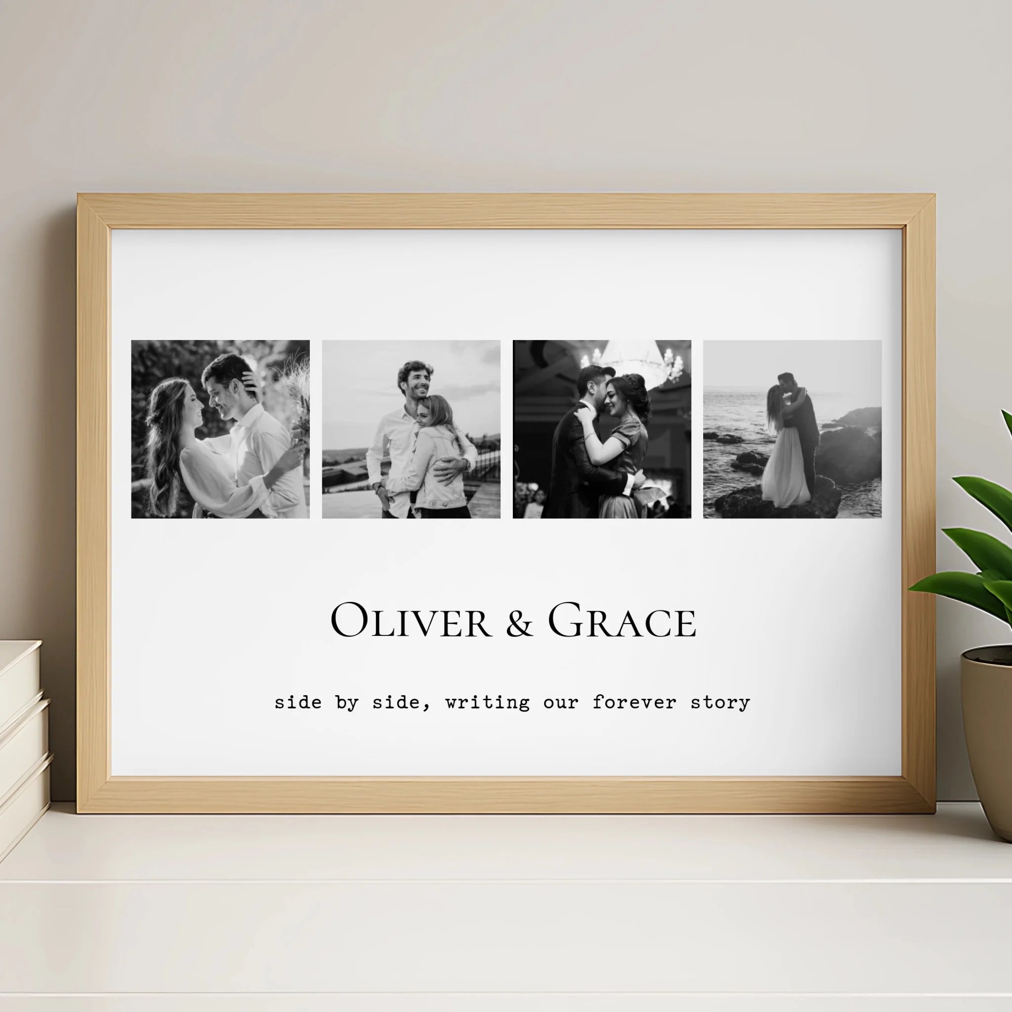Personalised 4 photo collage print in white frame with names and anniversary quote