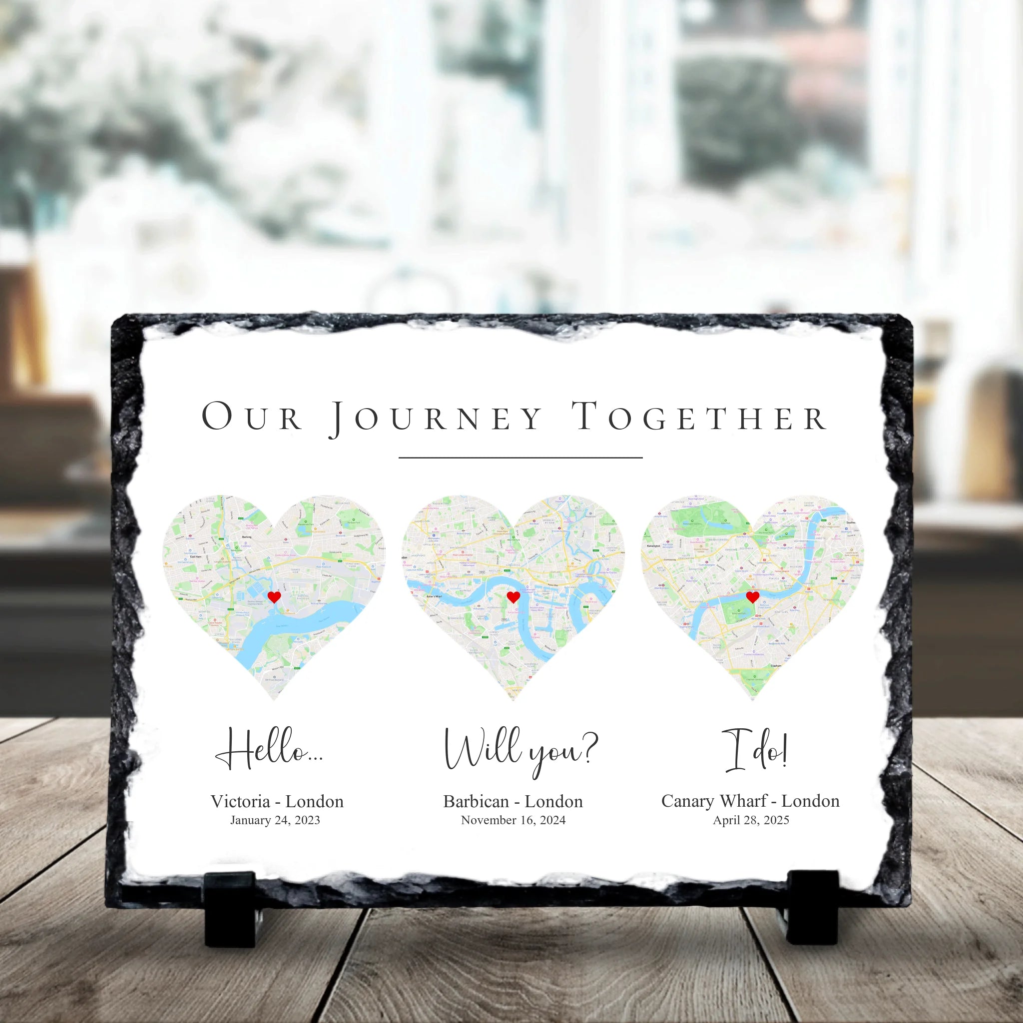 Close-up of a 19x14cm personalised photo slate showing heart map design and engraved location details