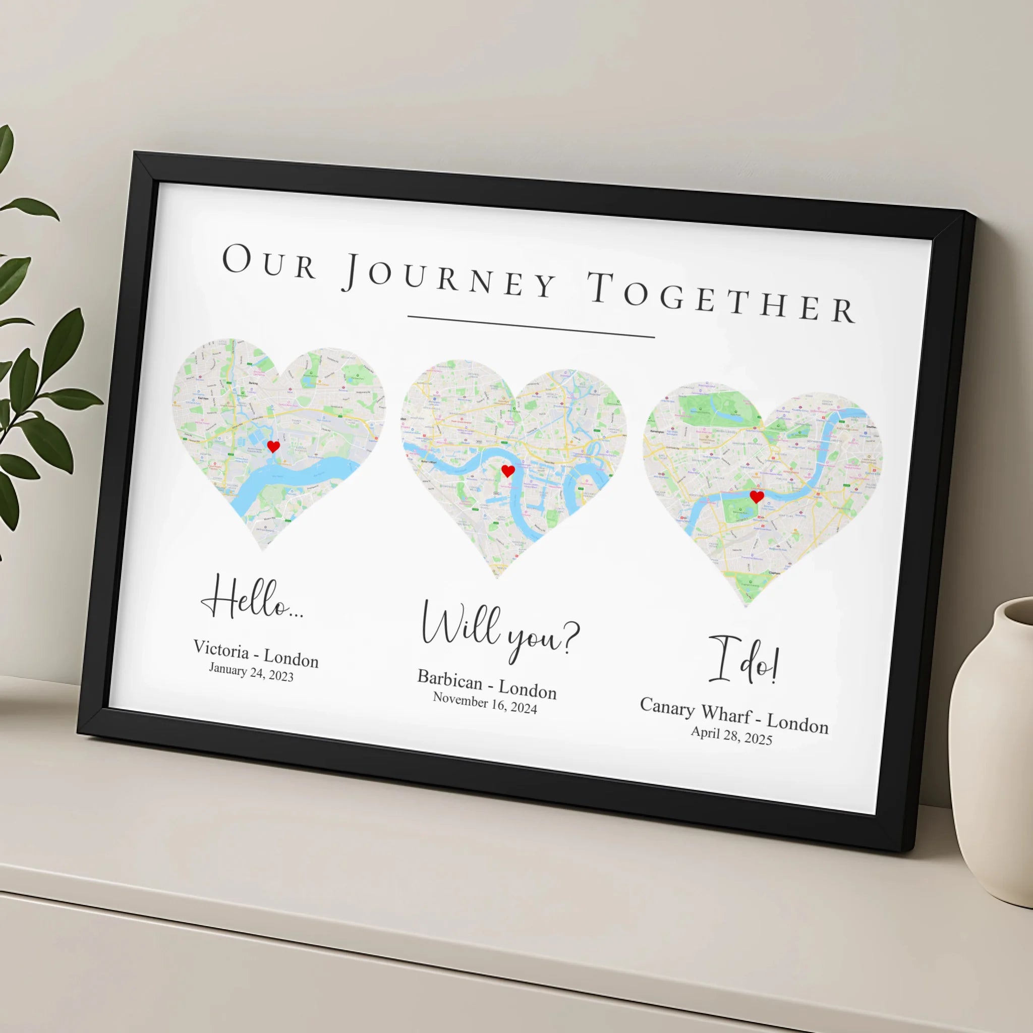 Personalised couple map print in a white frame with location names