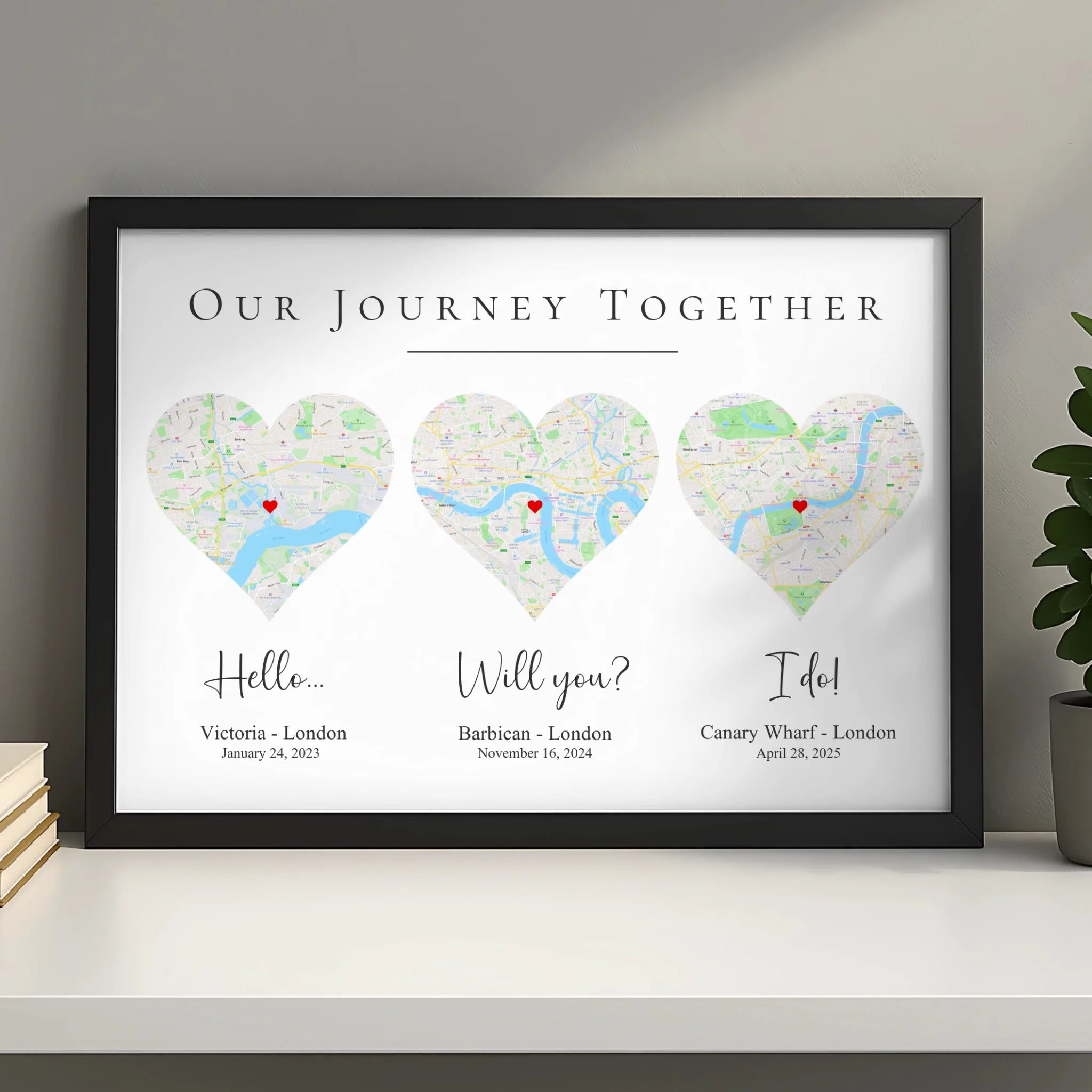 Framed Our Story map print showing two locations and a meeting point